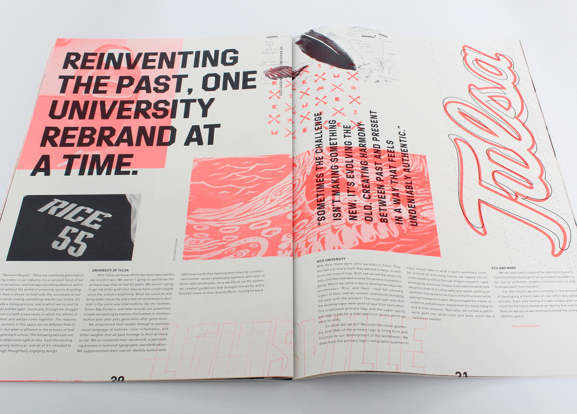 Photograph of spread showcasing athletics branding projects.
