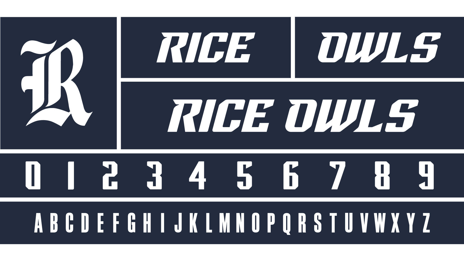 Image of ID system, including R primary, Rice Owls wordmarks, number system, and nameplate alphabet.