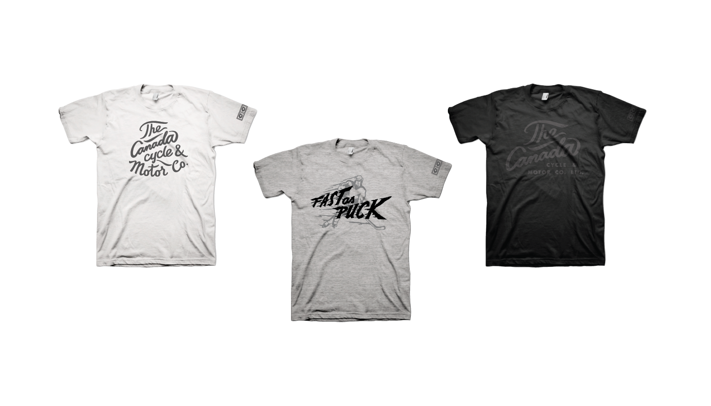 Image showing three t-shirt mock-ups containing several of the previous graphics on center-front.