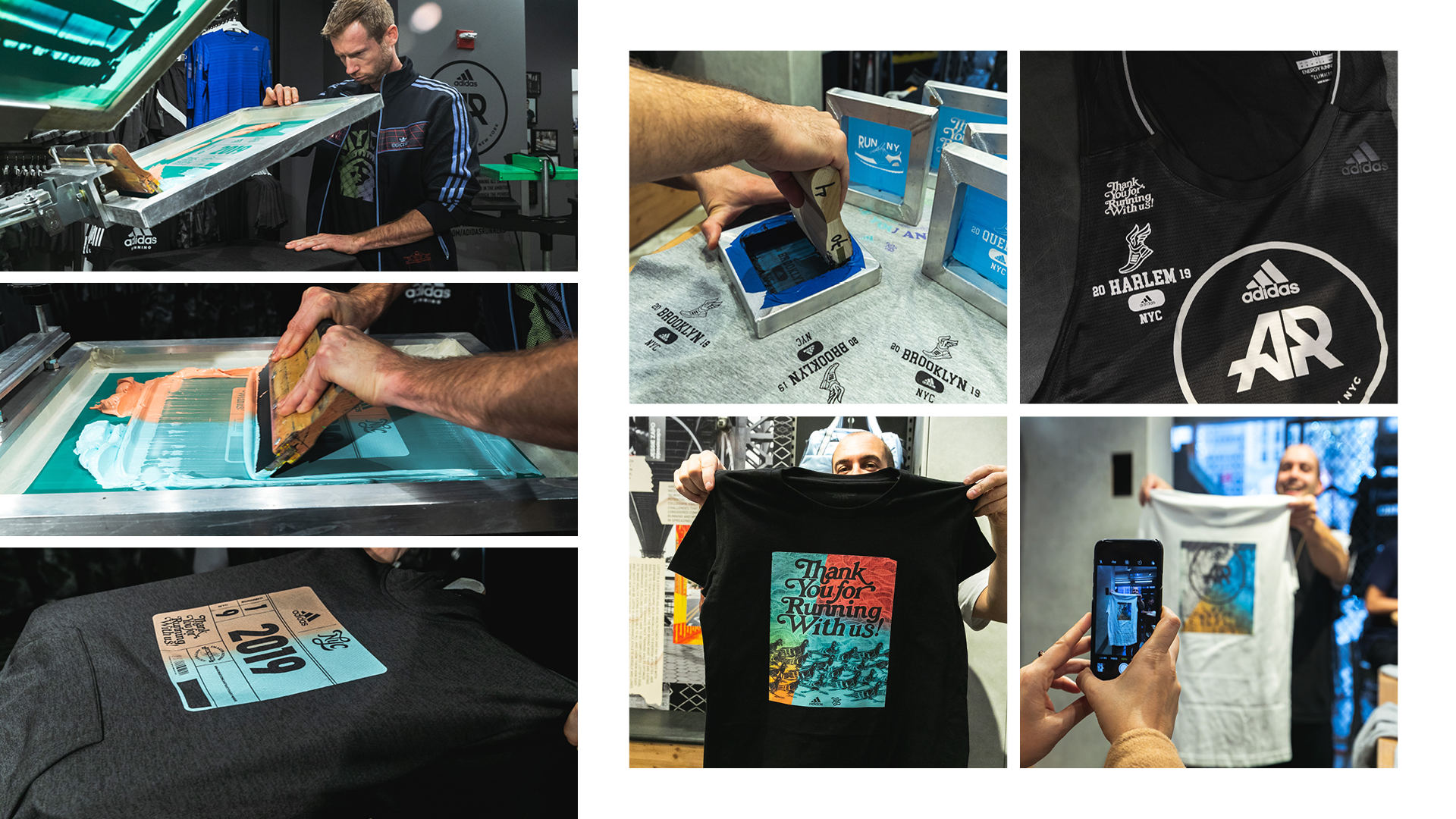 Several photos showing people screenprinting their own graphics as well as holding them up for others to see and capture/share on social.
