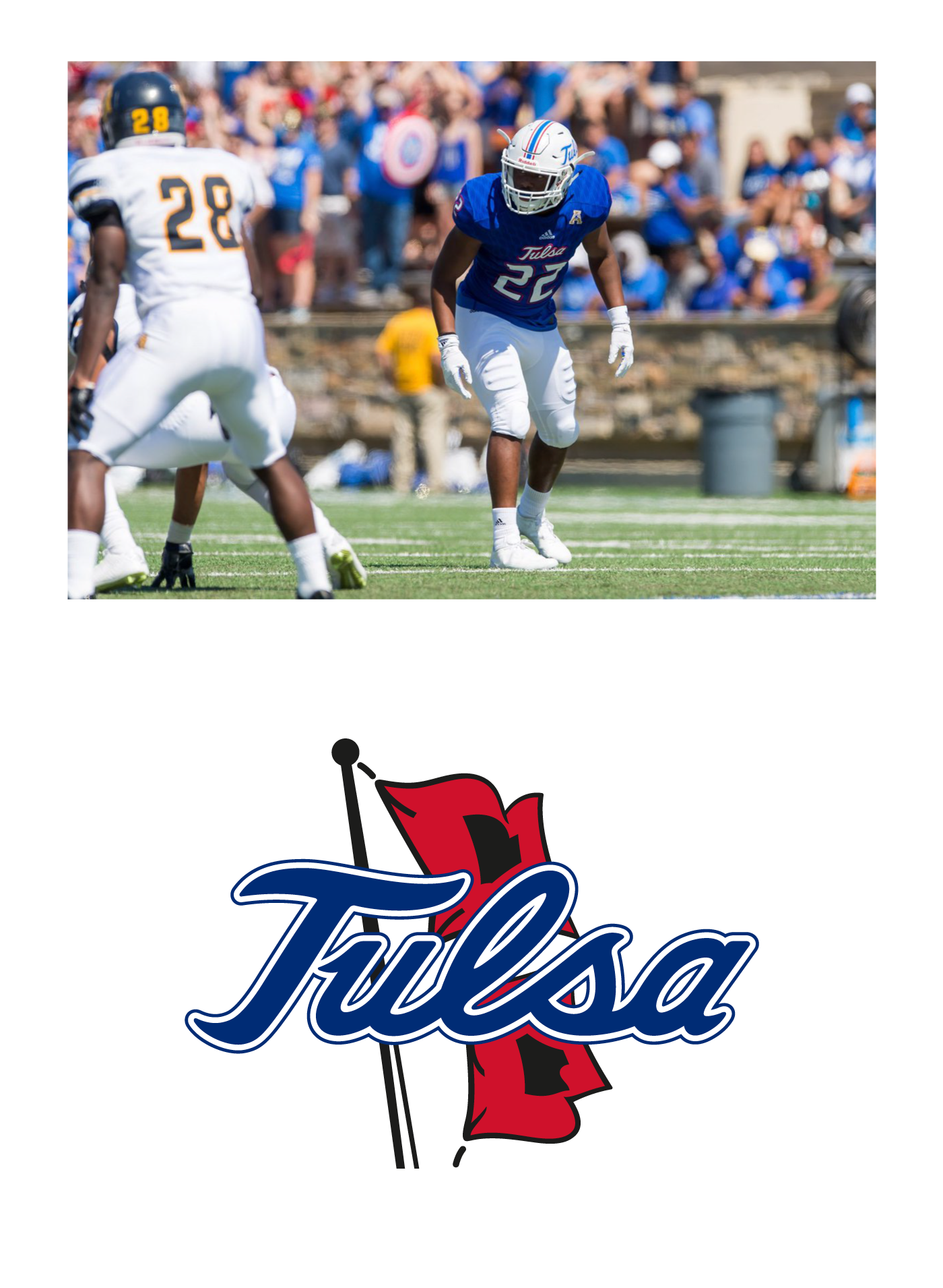 Images of 1) a photograph of football receiver at line of scrimmage about to run out, and 2) the updated flag logo incorporating the new script and refined flag illustration.