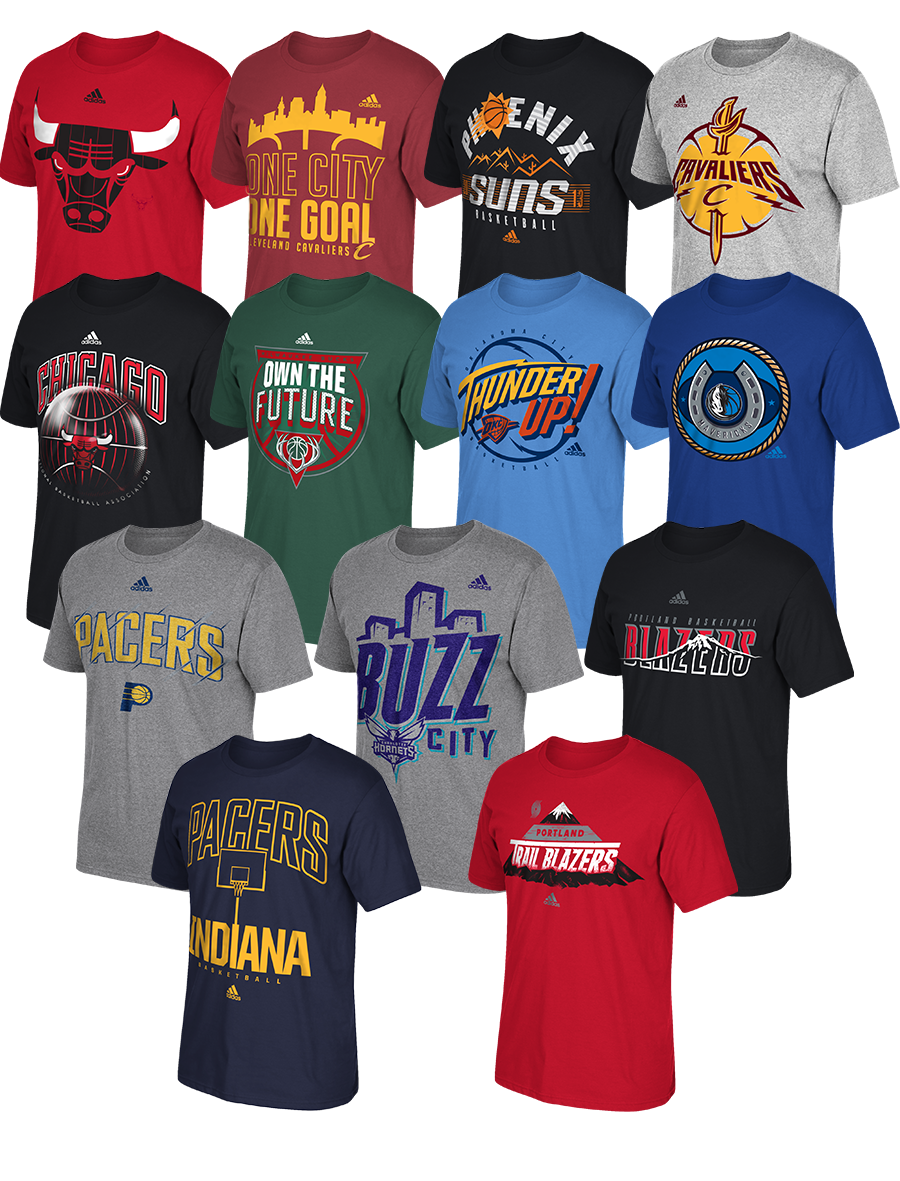 Full collection of graphics shown on shirts in rows of four, four, three and two.