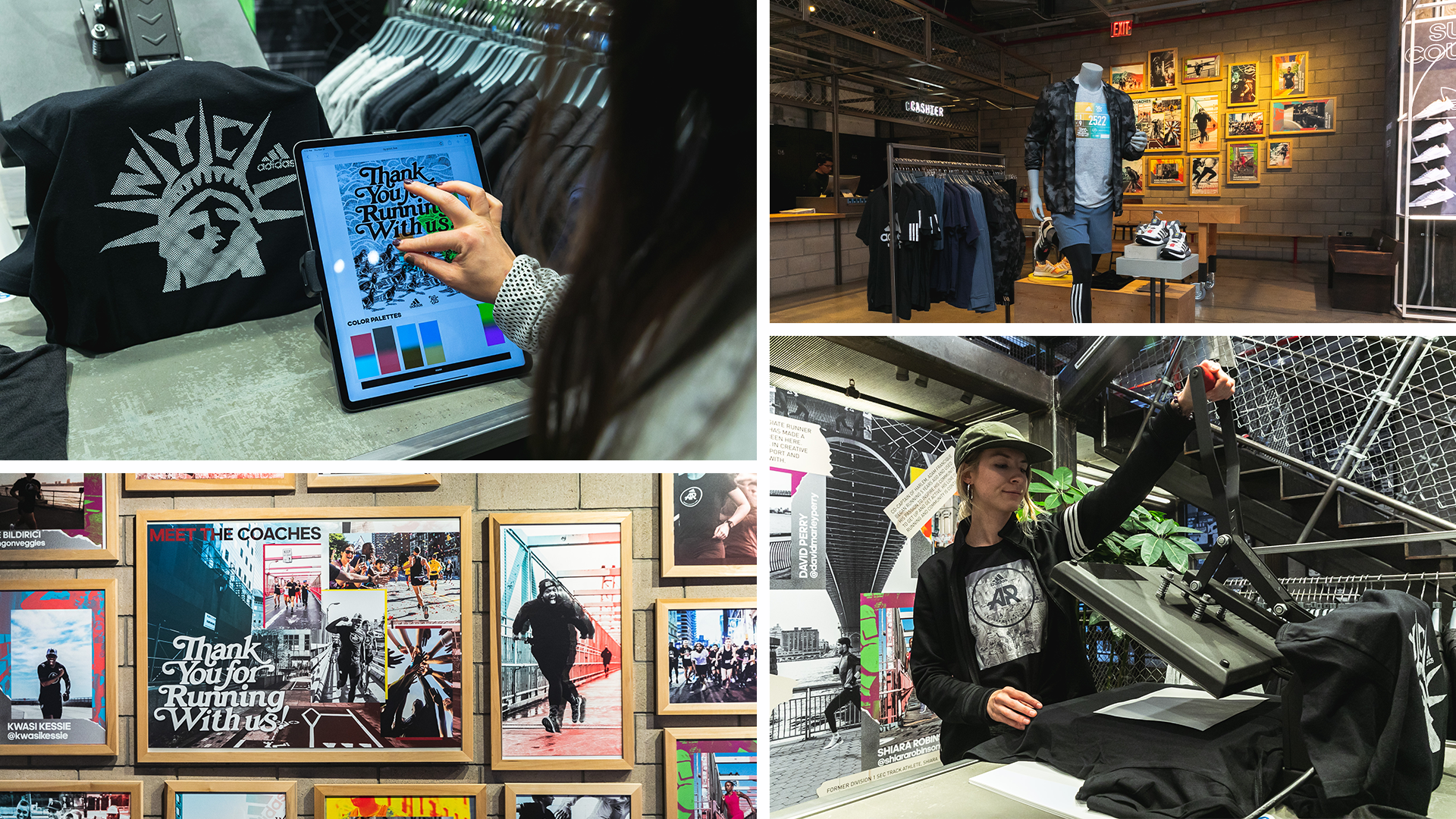 4 photos showing people customizing their garments as well as showing the various environmental graphics around the shop.