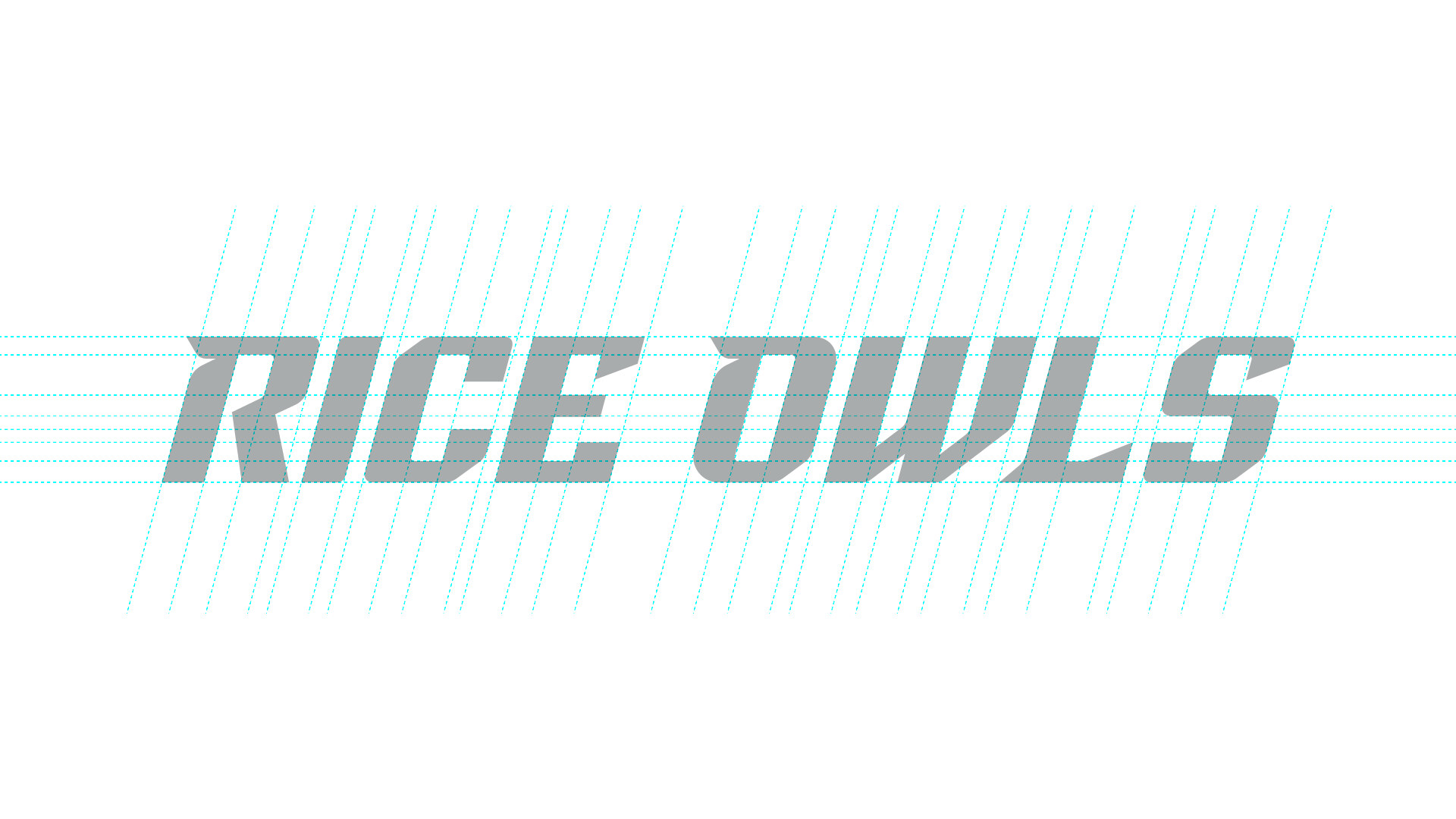 "Rice Owls" wordmark shown on top of gridlines. Diagram illustrating consistent spacing and geometry.