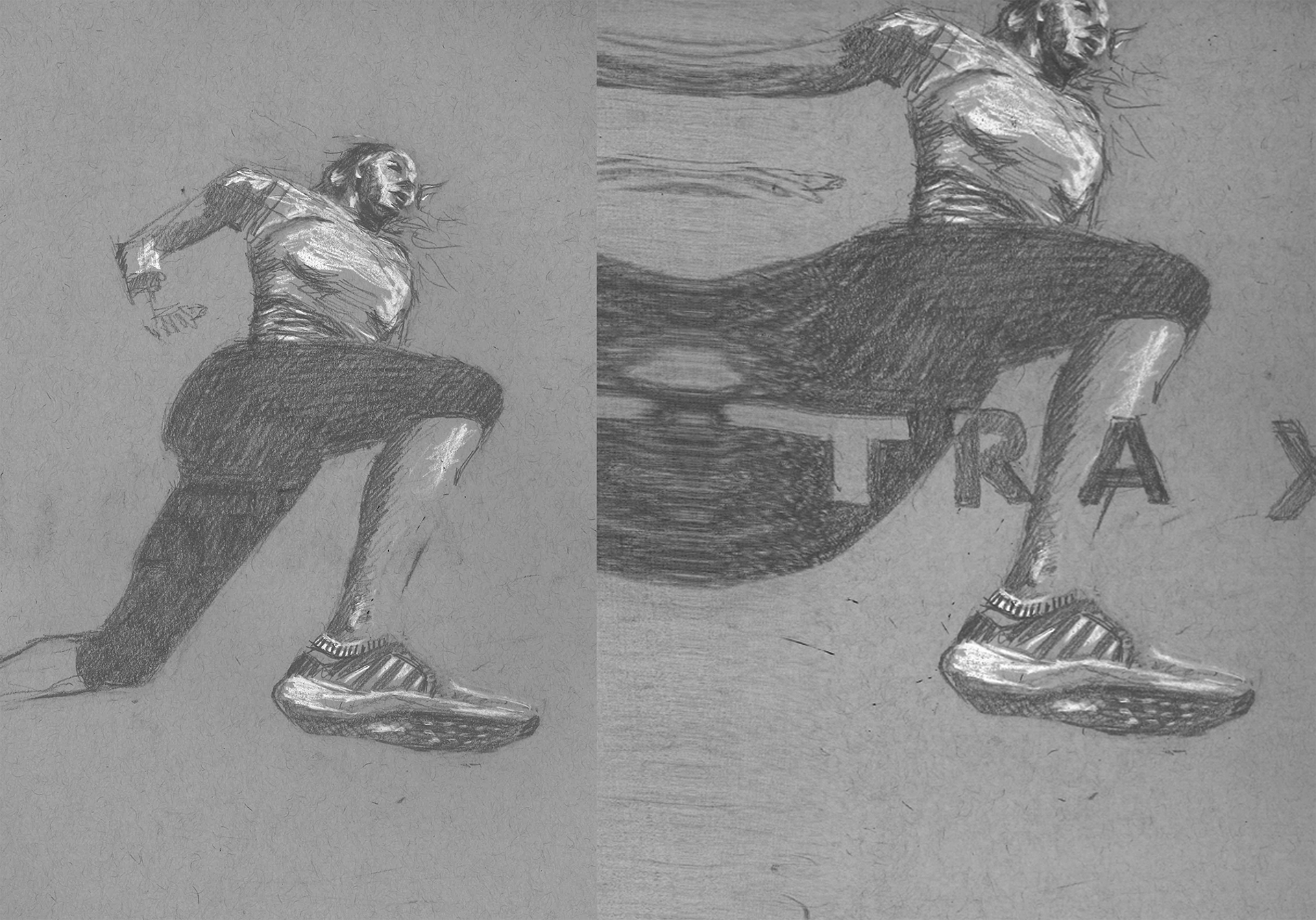 Diptic of pencil illustration of a running woman and a close up of woman with the image distorted.