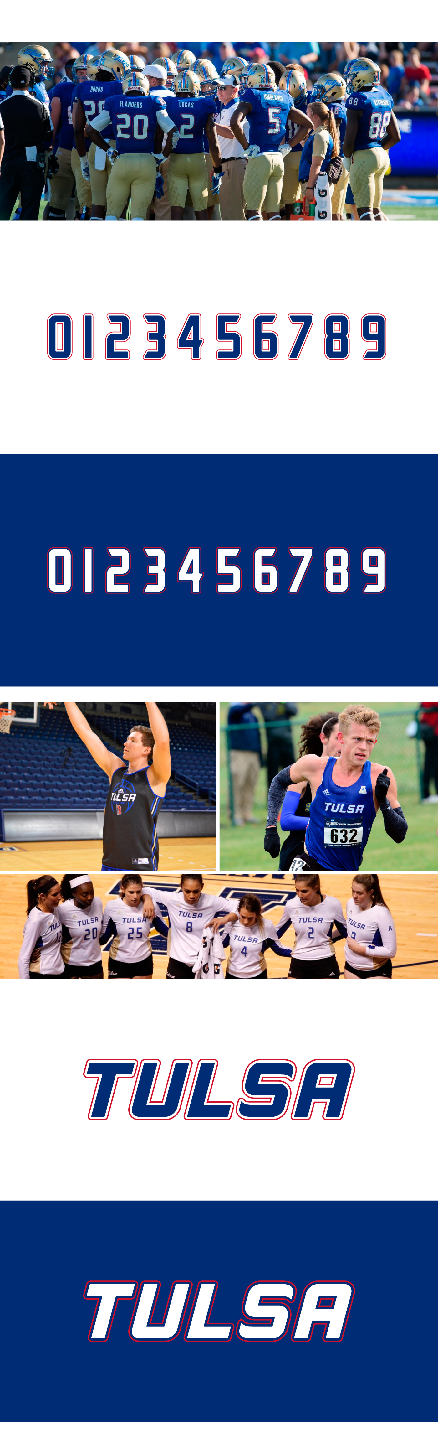 Images of: 1) a photograph of football team in a huddle highlighting the new number system, 2) numeral system shown 0-9 on white and blue backgrounds, 3) photographs of the basketball team, track athletes, and women's volleyball team wearing new wordmark on uniforming, and 4) "TULSA" uppercase sans-serif wordmark.