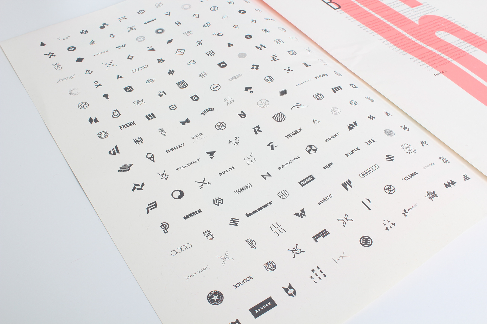 Photo of dozens of logos that weren't used.