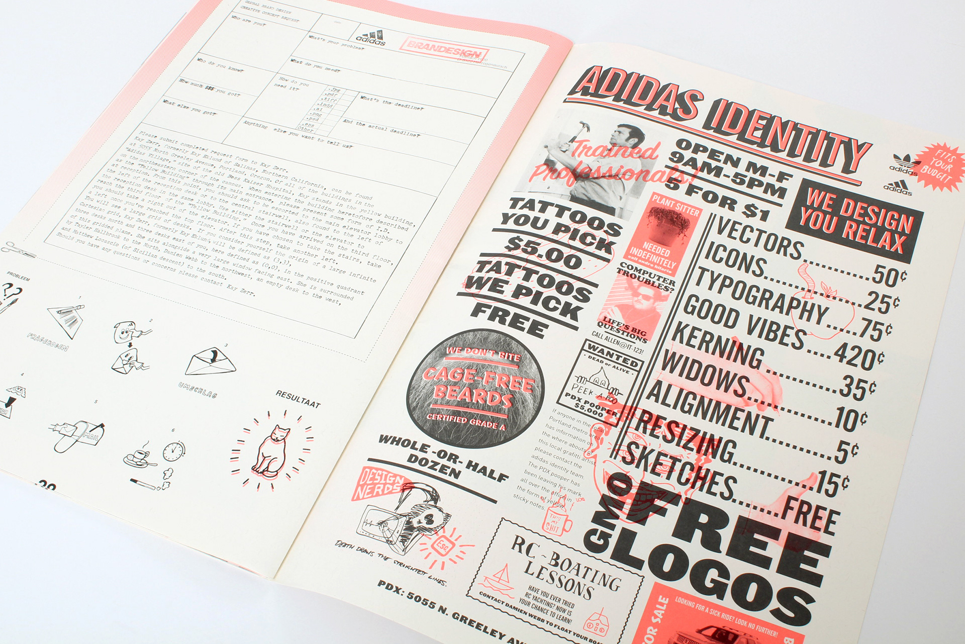 Photo of spread showing our brief and services alongside a page of "classifieds" adding a humorous touch.