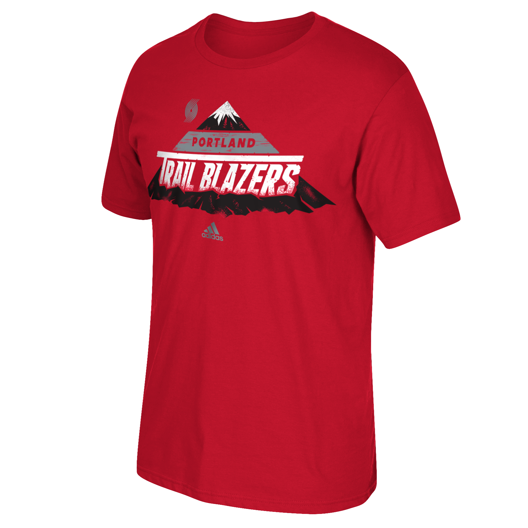 NBA Portland Trail Blazers graphic shown in-situ on a red t-shirt.