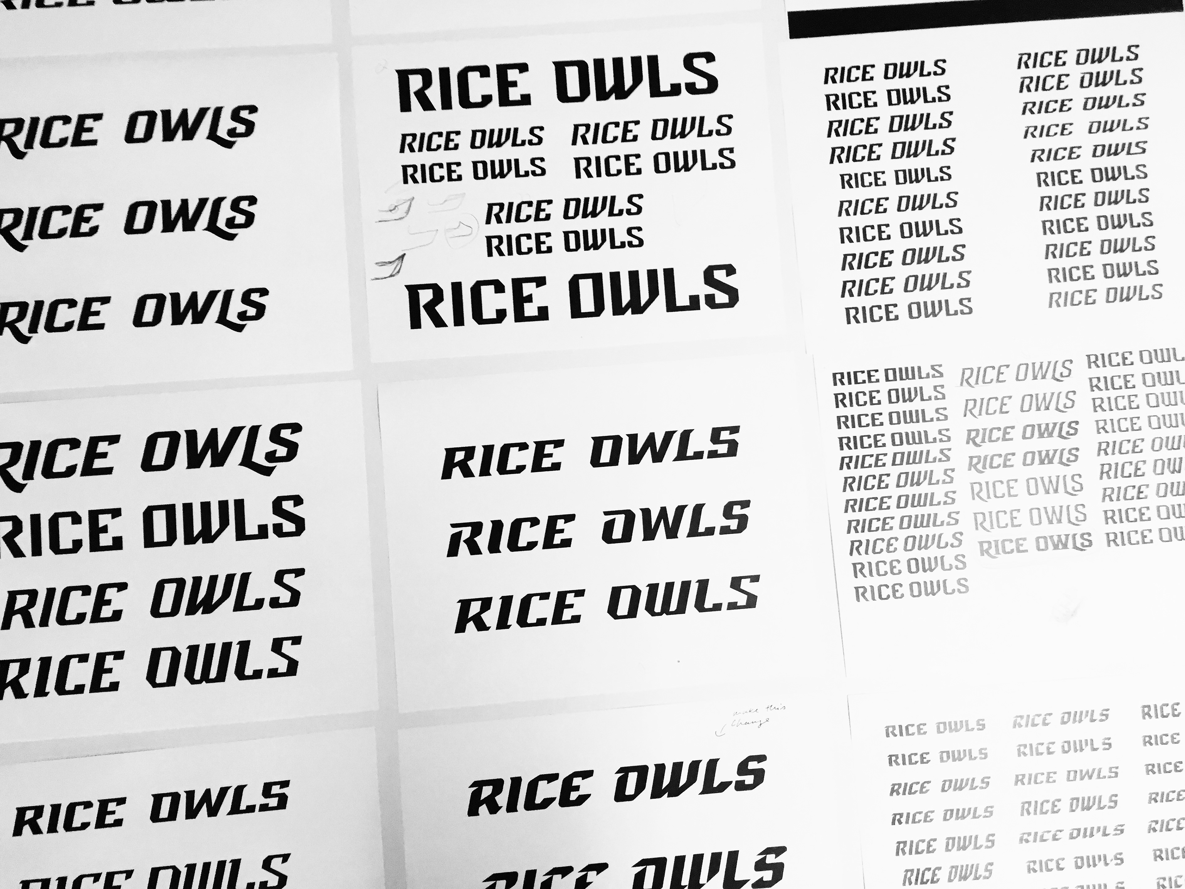 Photograph of numerous "Rice Owls" wordmark comps.