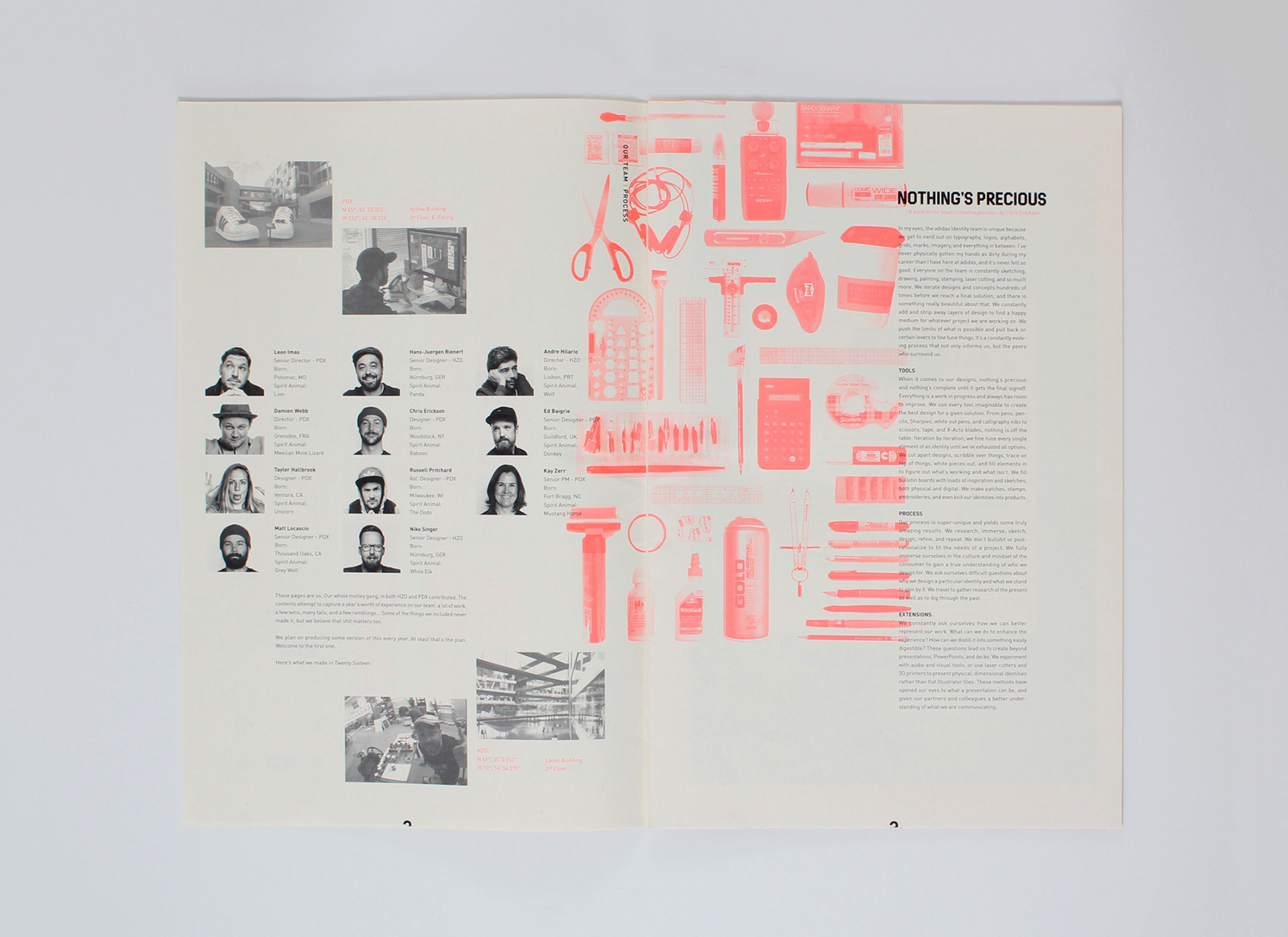 Photograph of first page of annual showing photos of team members and team ethos.