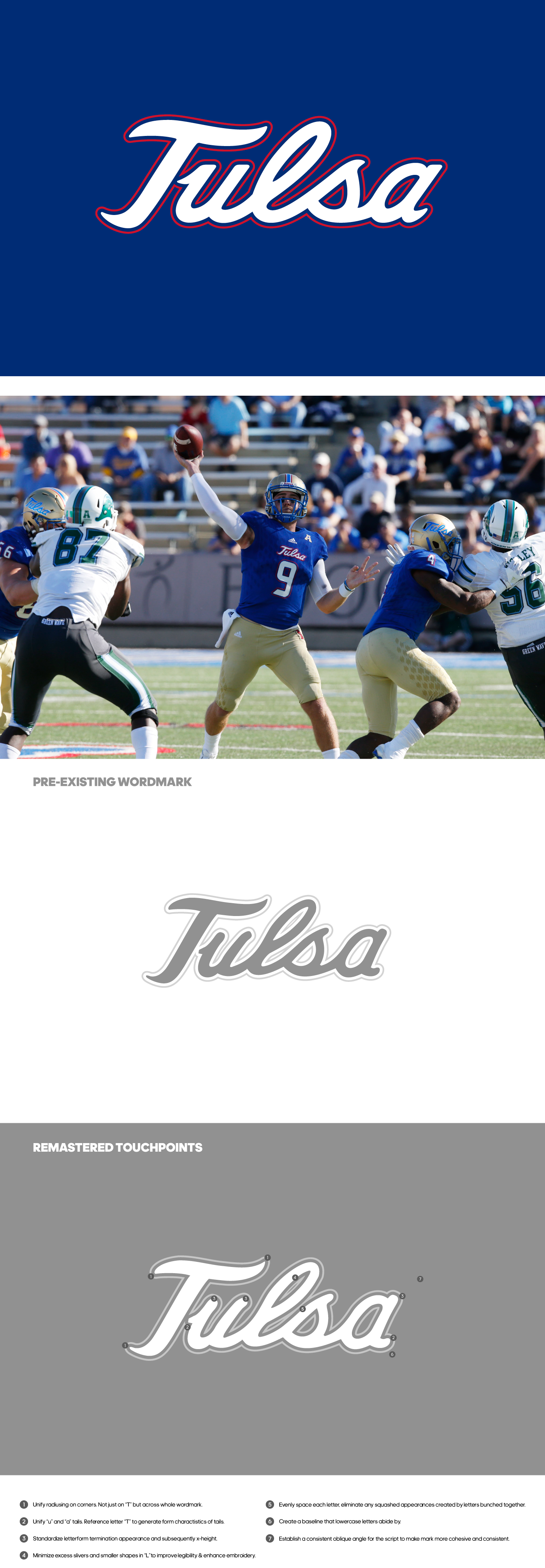 Images of 1) updated Tulsa logo: white with red outline on a blue background, 2) photo of quartback throwing a football in-game wearing updated uniforming, and 3) old logo and refinement touchpoints diagram.
