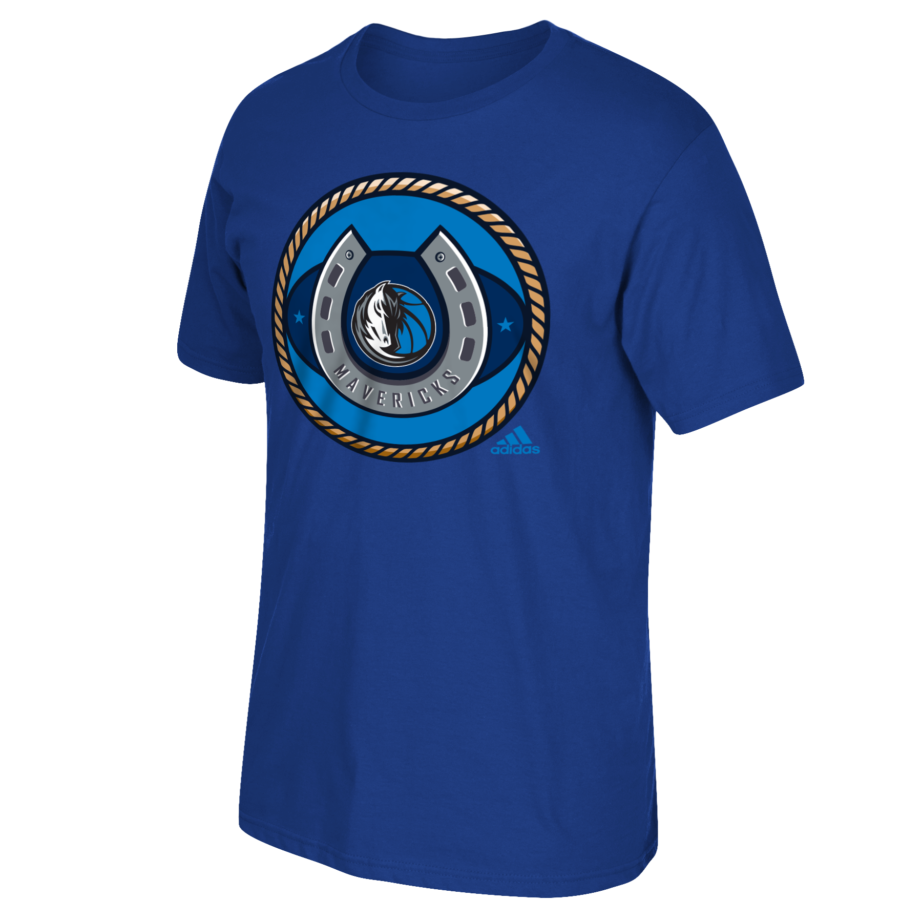NBA Dallas Mavericks graphic shown in-situ on a blue t-shirt.