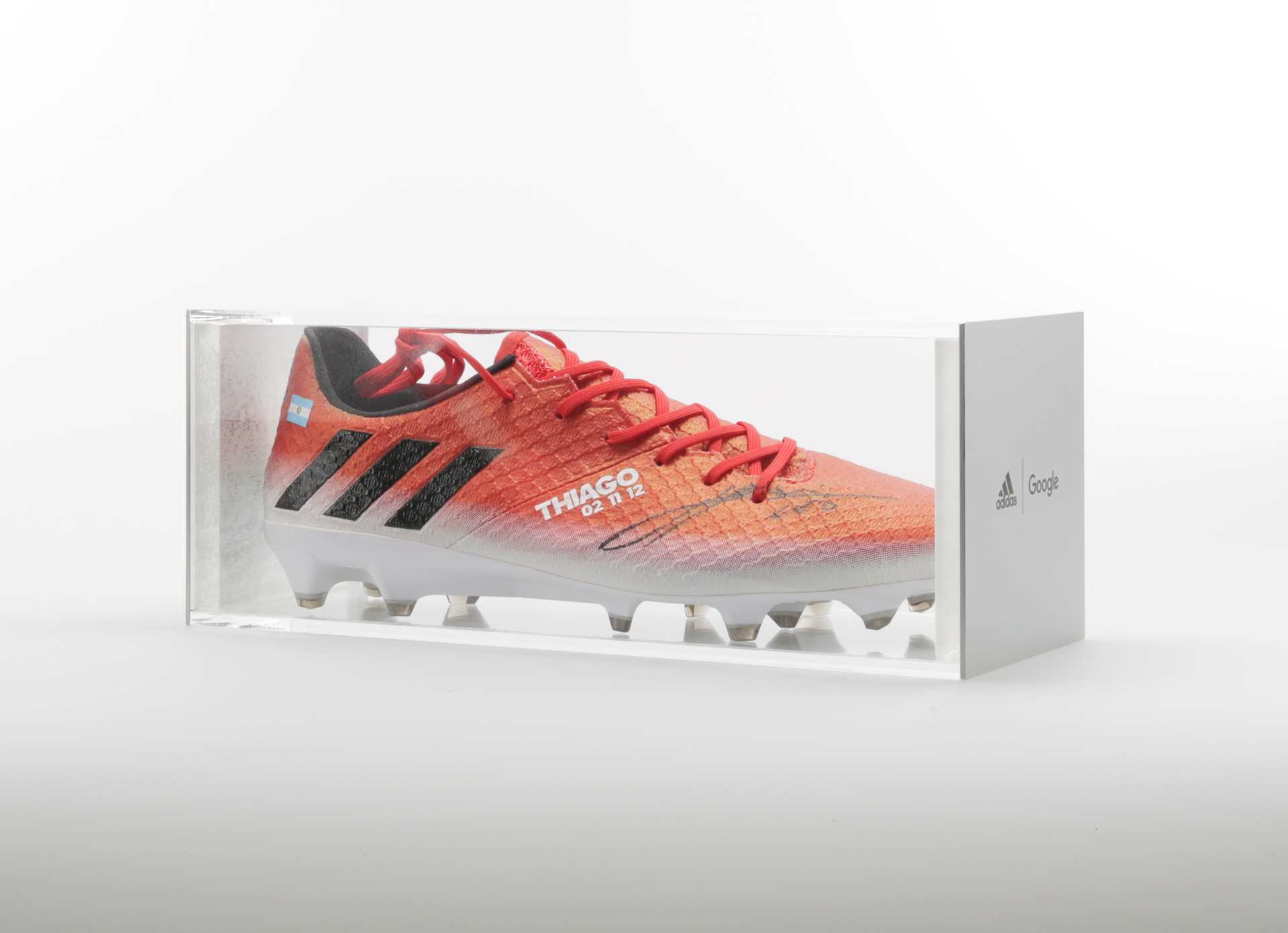 Photograph of shoe in display case, side view.