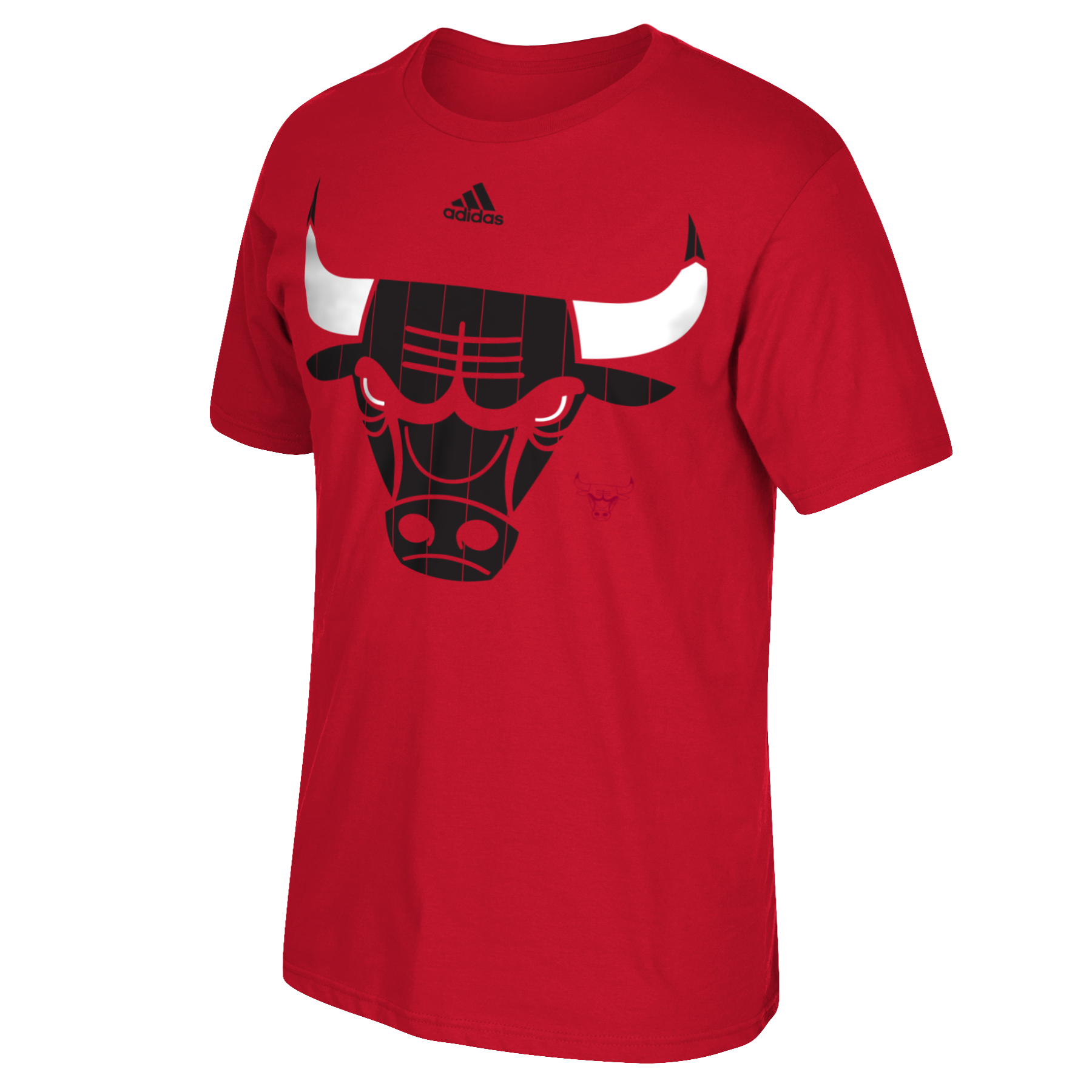 NBA Chicago Bulls graphic shown in-situ on a red t-shirt.