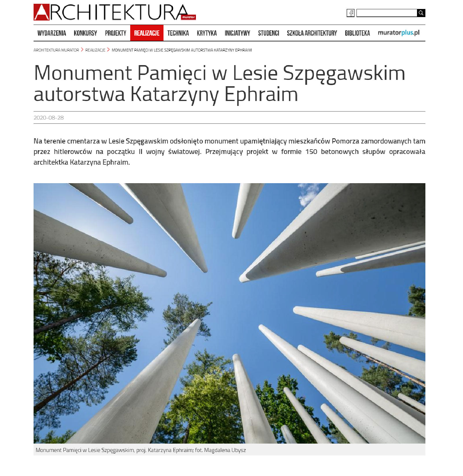 Publikacja zdjęć architektury dotycząca Monumentu Pamięci w Lesie Szpęgawskim w magazynie Architektura Murator.