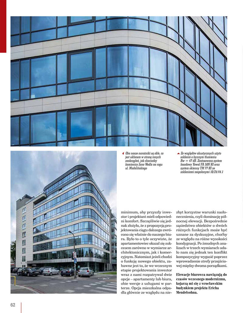 Publikacja zdjęć architektury dotycząca budynku Corner House w Warszawie w magazynie Świat Architektury.