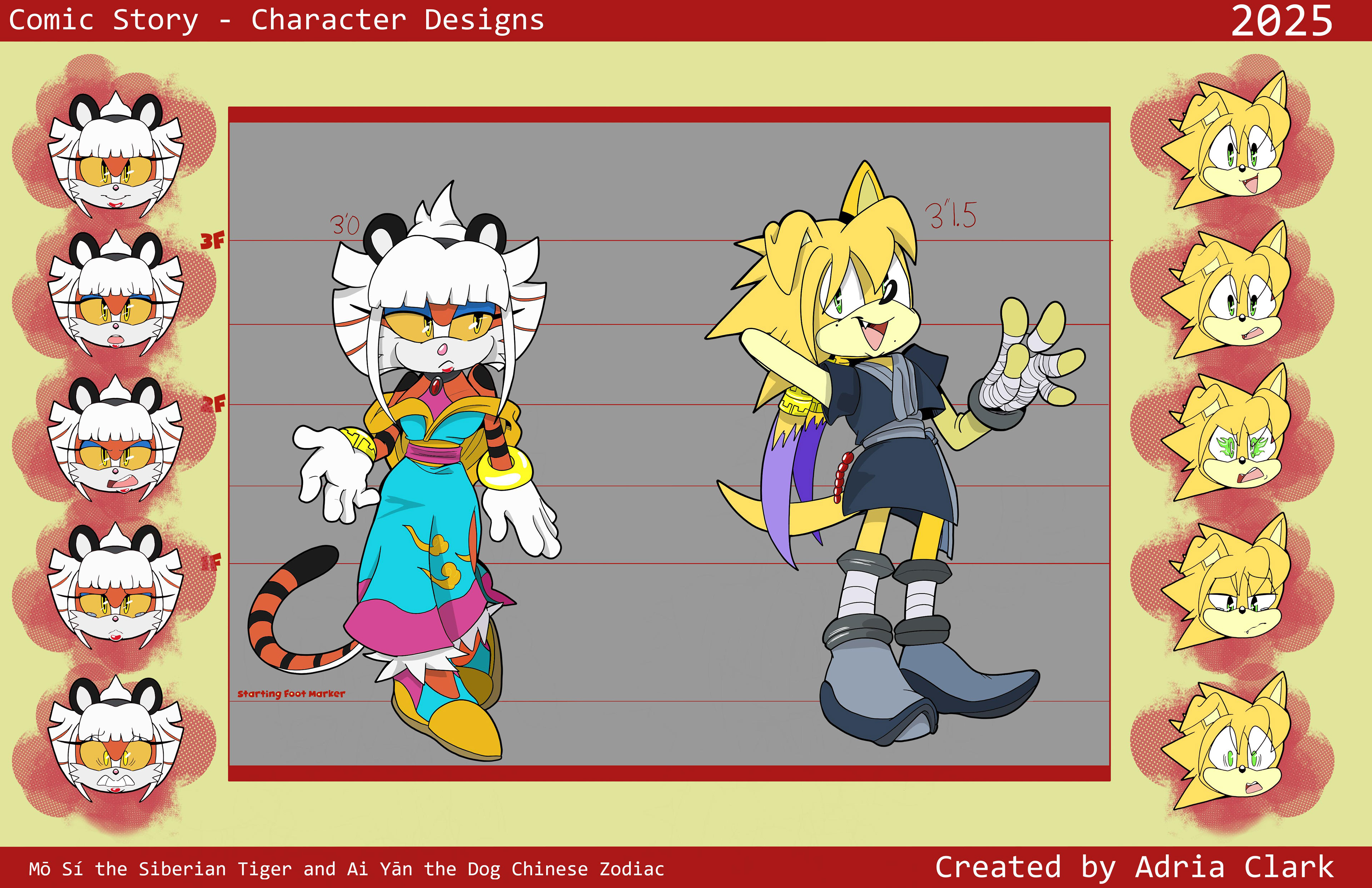 Character concept sheet with expressions and colorful character art