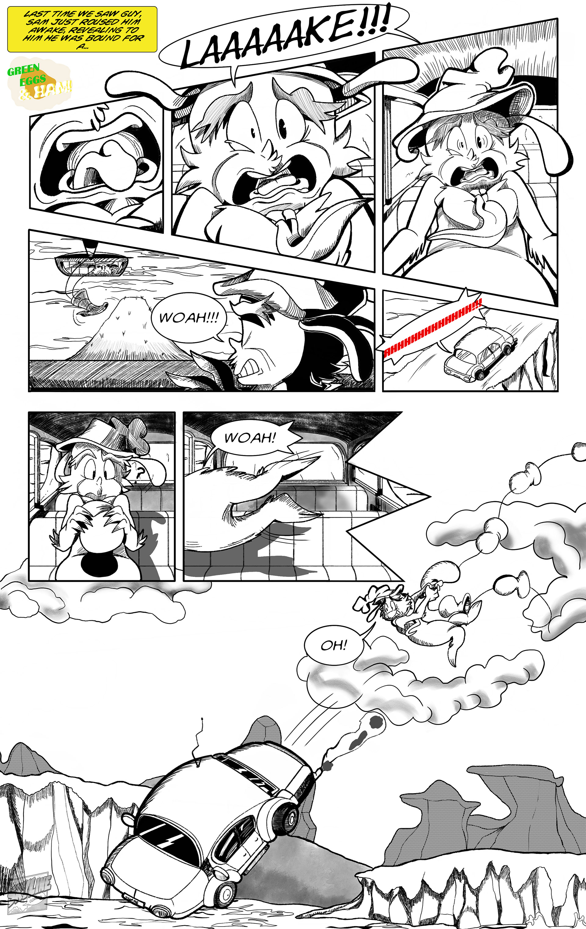 Comic book page 1, showing an action-oriented black-and-white sequential layout of Green Eggs and Ham