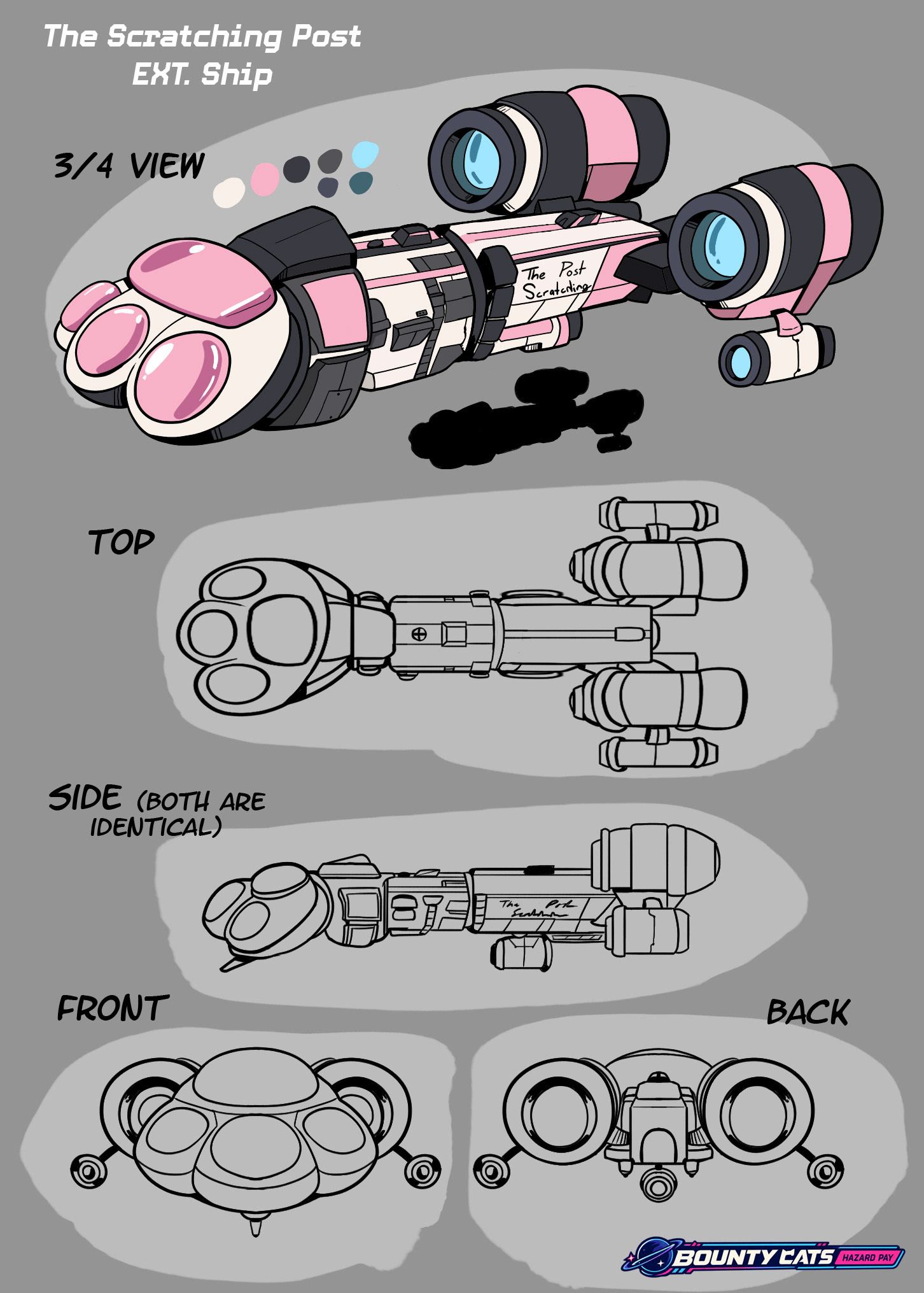 Sci-fi Cat Comic Story Prop Turnaround Sheet, The Scratching Post Shipral