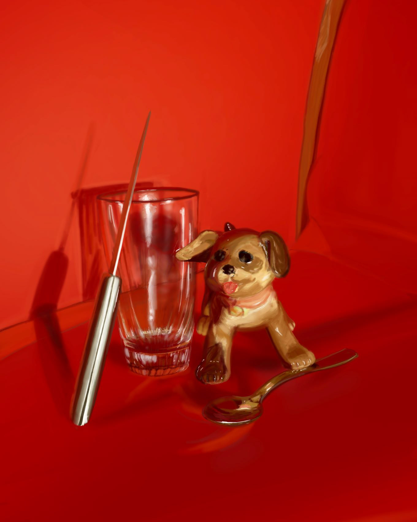 Digital Still Life Painting of Pottery, Metal, and Glass Items