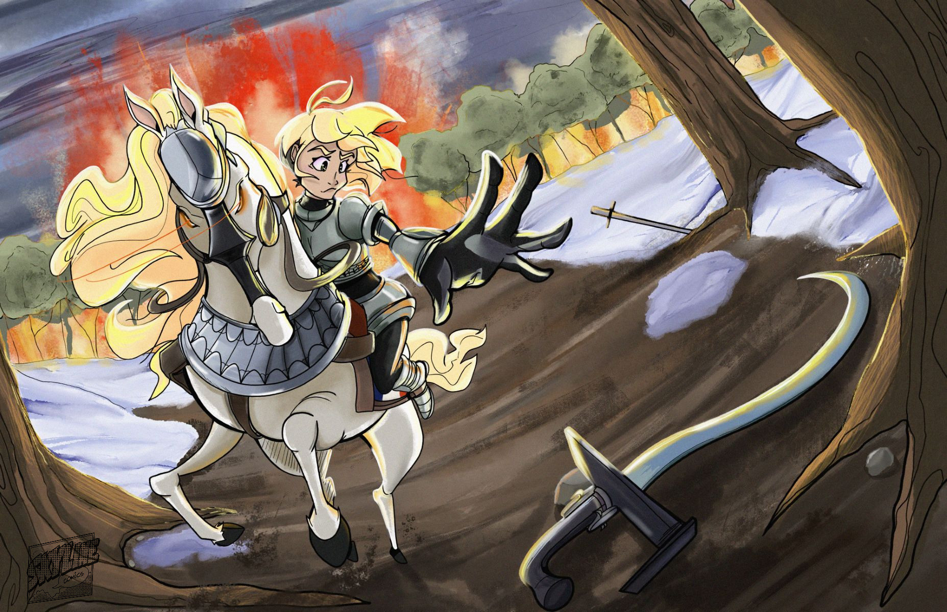 Fantasy Illustration of a knight riding a horse through a snowy landscape