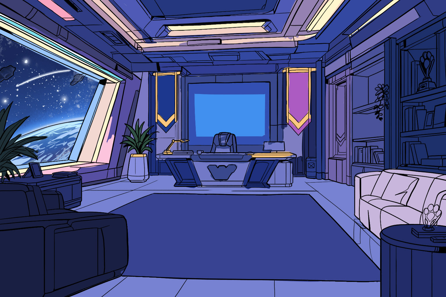 Sci-fi Cat Comic Environment Setting, Comm. Cottontail's Office Flat Colors