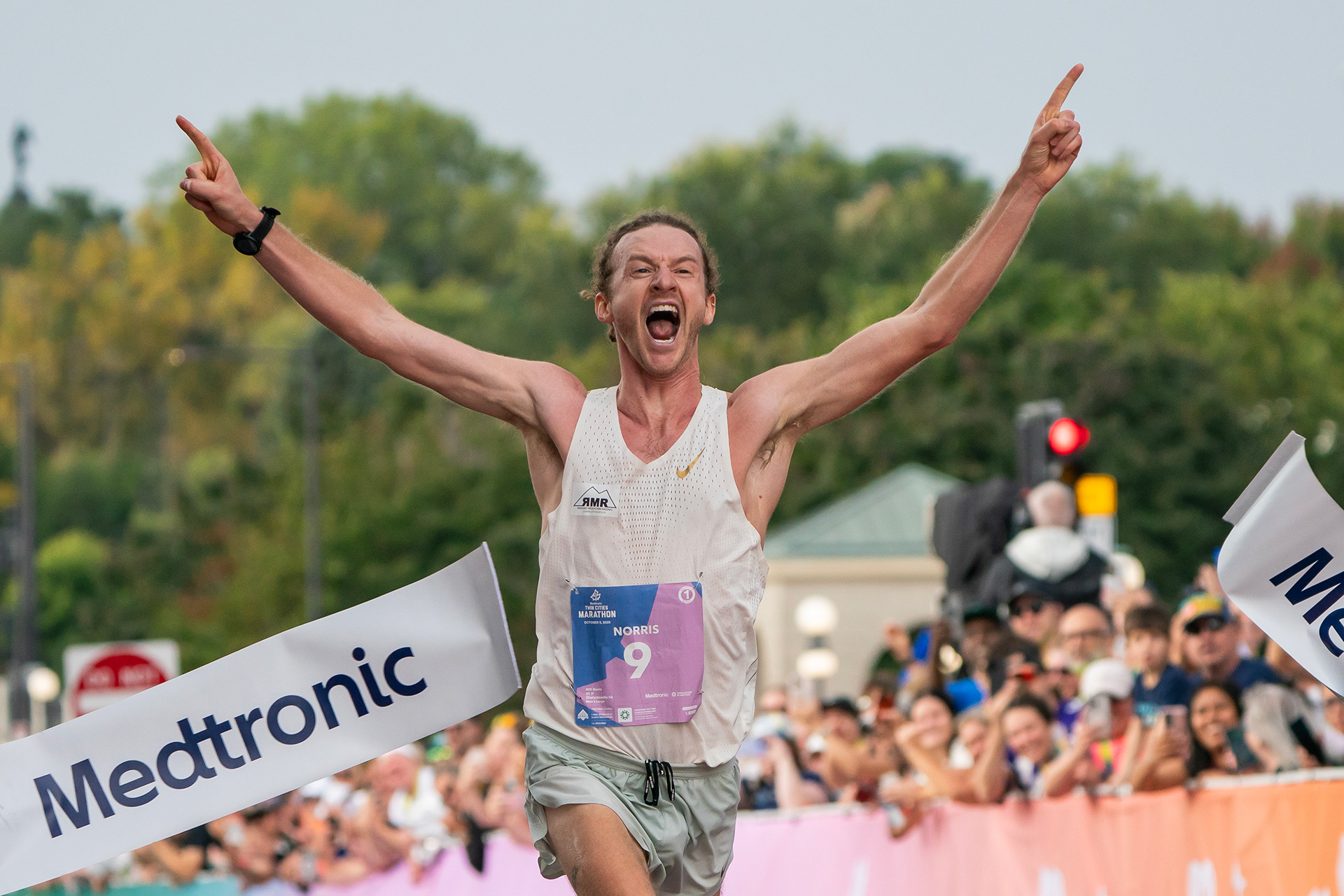 Will Norris crosses the finish line at the Medtronic Twin Cities Marathon in St. Paul, Minn. on Oct. 5, 2025, ending with a time of 2:15:39. Norris placed 1st overall in the Medtroic Marathon.