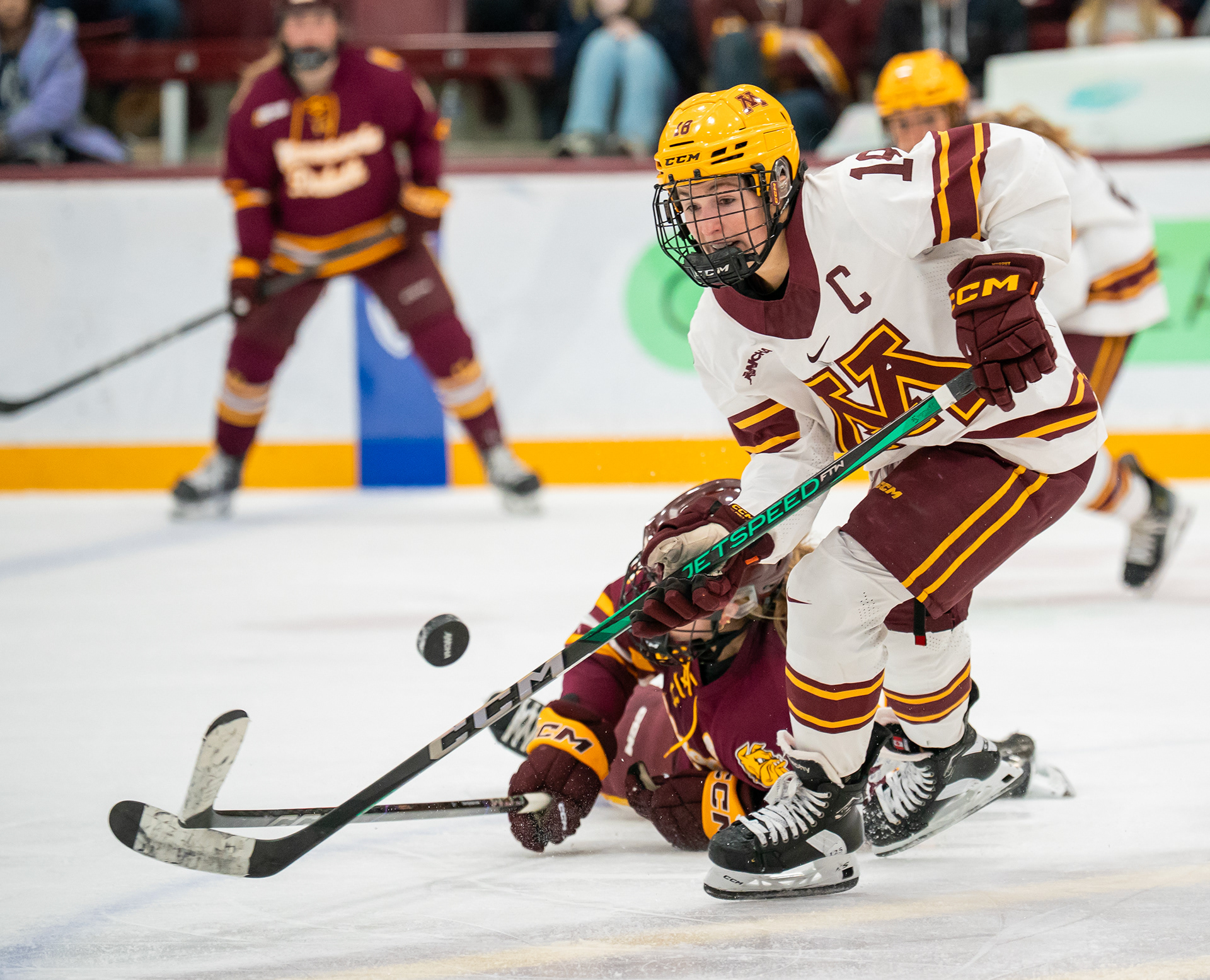 University of Minnesota athlete Abbey Murphy goes after the puck in a game against the University of Minnesota - Duluth at Ridder Arena in Minneapolis, Minn. on Feb. 22, 2025. Murphy was the only person to score during the game resulting in a 1-0 win for the University of Minnesota - Twin Cities.