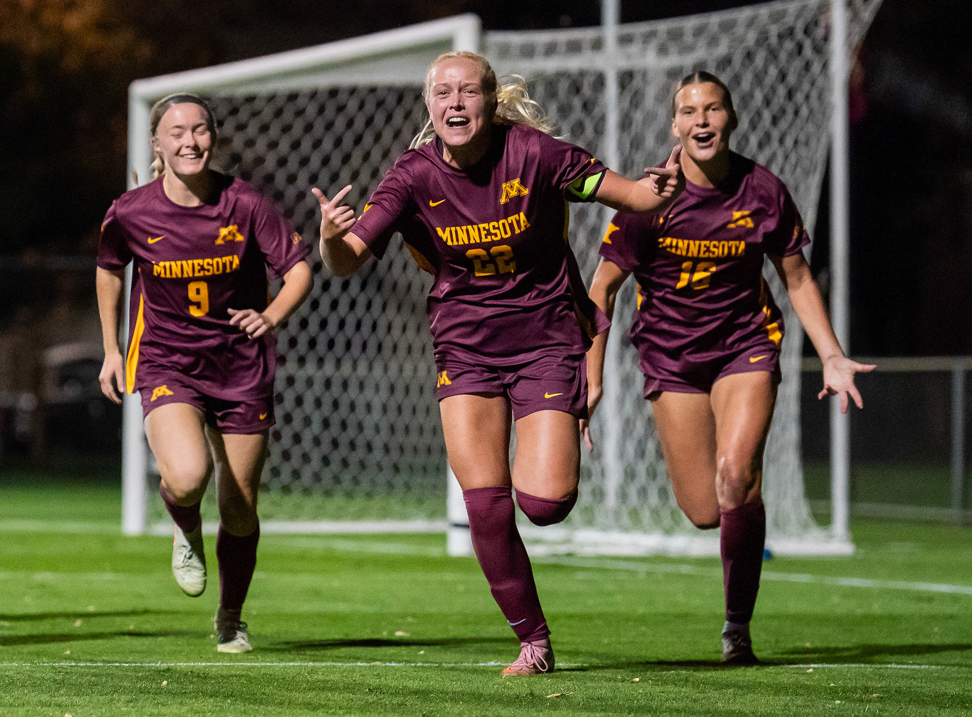 University of Minnesota soccer player Caroline Birdsell (22) runs with her teammates after scoring a point during a match against the University of Southern California on Oct. 9, 2025, at Elizabeth Lyle Robbie Stadium in Minneapolis, Minn.