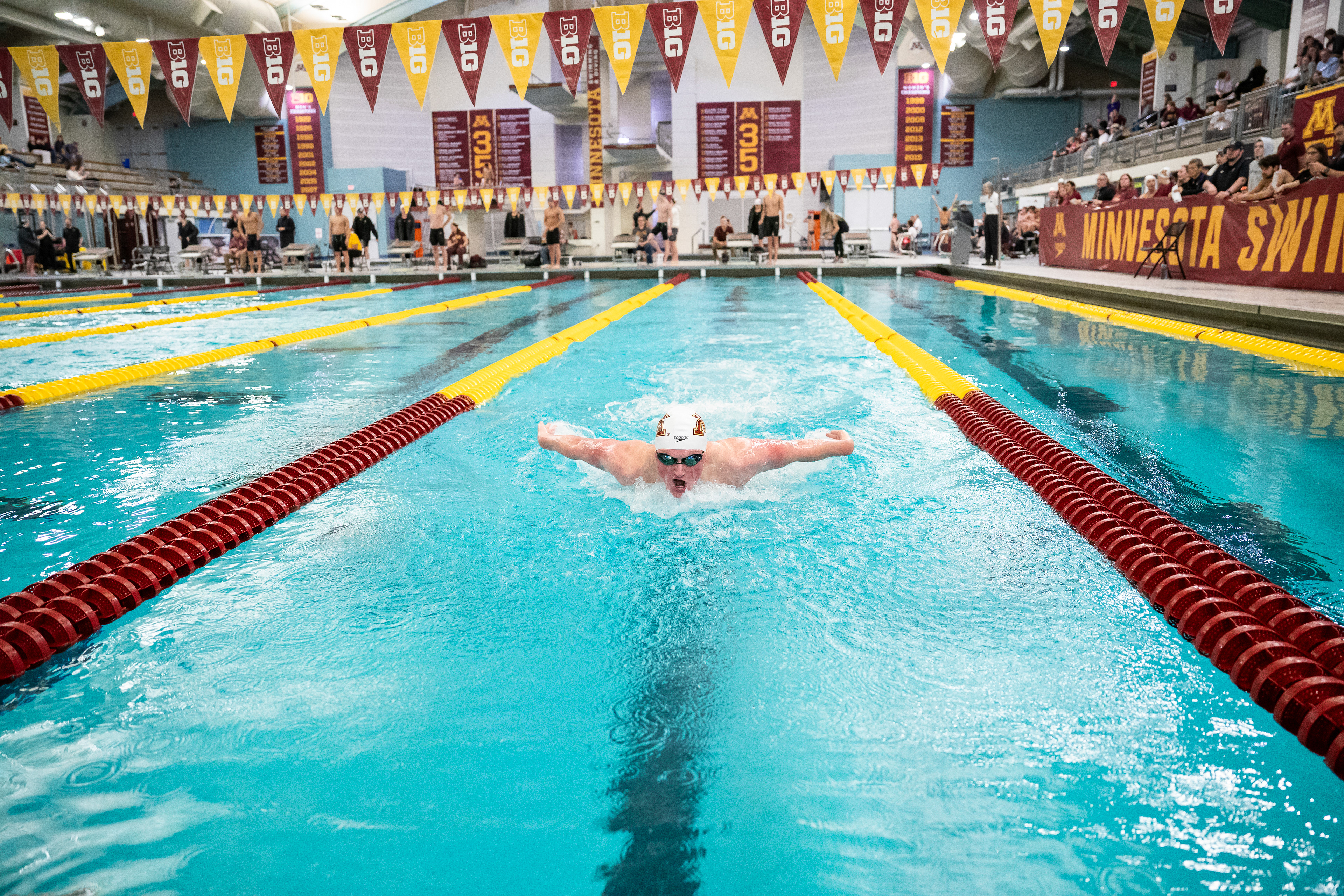 University of Minnesota athlete Tommy McCarthy swims the 200 Yard Butterfly at the Triple Duel meet at Jean K. Freeman Aquatic Center in Minneapolis, Minn. on Jan 31, 2025. McCarthy placed fourth in this race against Northwestern and Purdue.