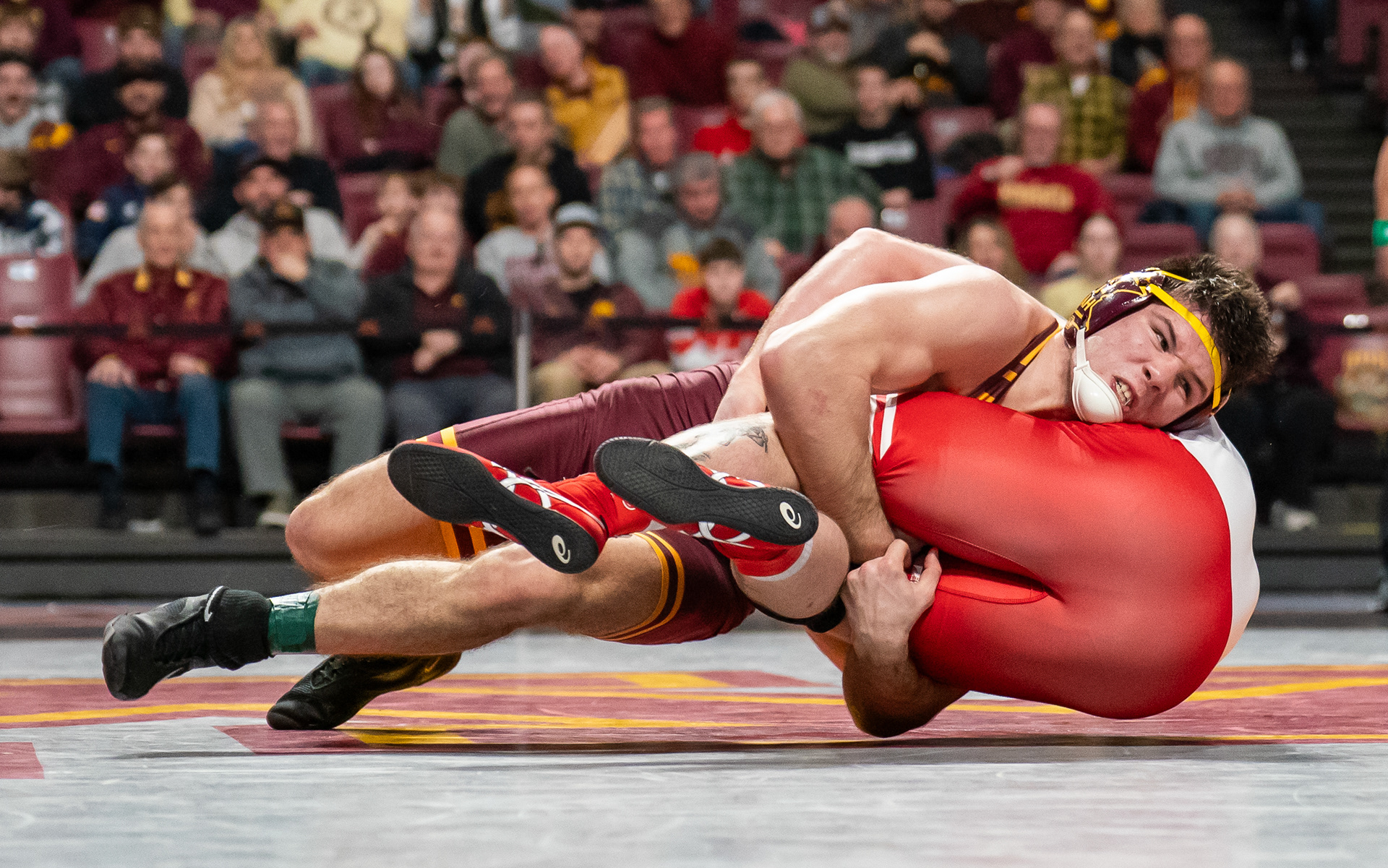 University of Minnesota wrestler Clayton Whiting wrestles his opponent from Rutgers University, Jackson Turley, at Maturi Pavilion in Minneapolis, Minn. on Feb. 2, 2025.