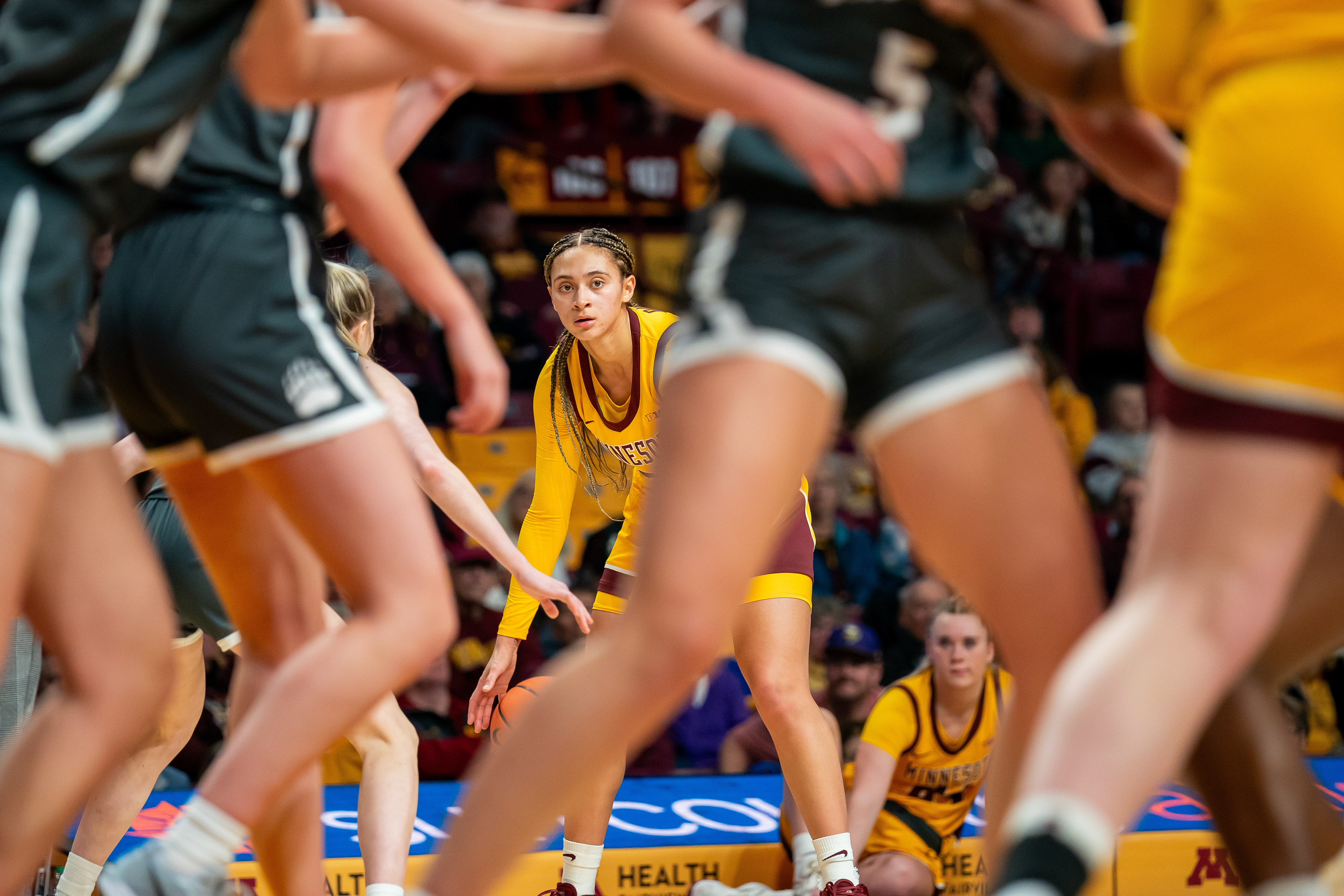 Amaya Battle holds possession of the basketball during a game against the University of Montana at Williams Arena in Minneapolis, Minn. on Nov. 24, 2024. Minnesota continued their undefeated season after winning 84-45.