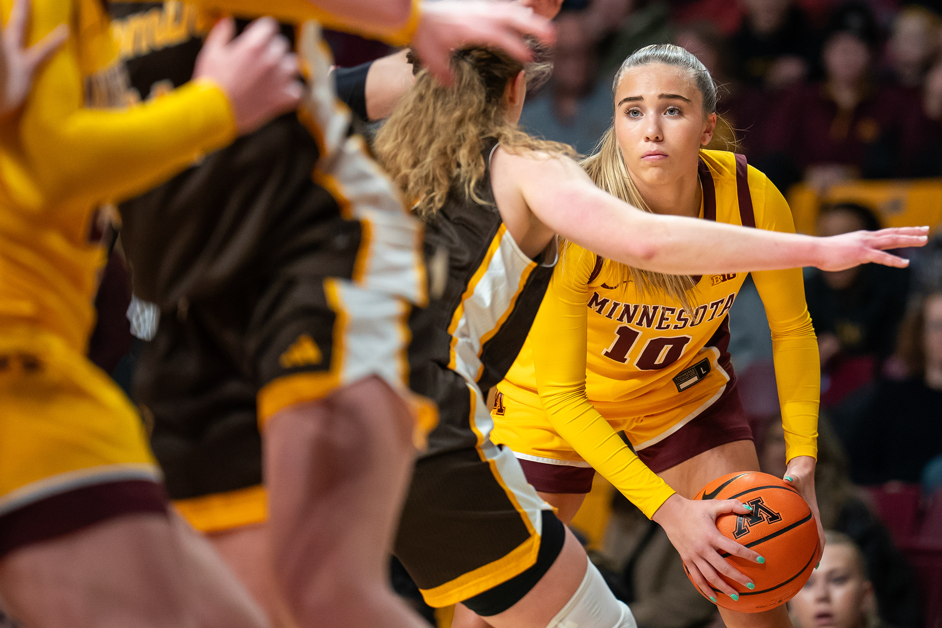 University of Minnesota women’s basketball player Mara Braun holds the basketball during a game against the University of Wyoming on Dec. 14, 2025, at Williams Arena in Minneapolis, Minn.