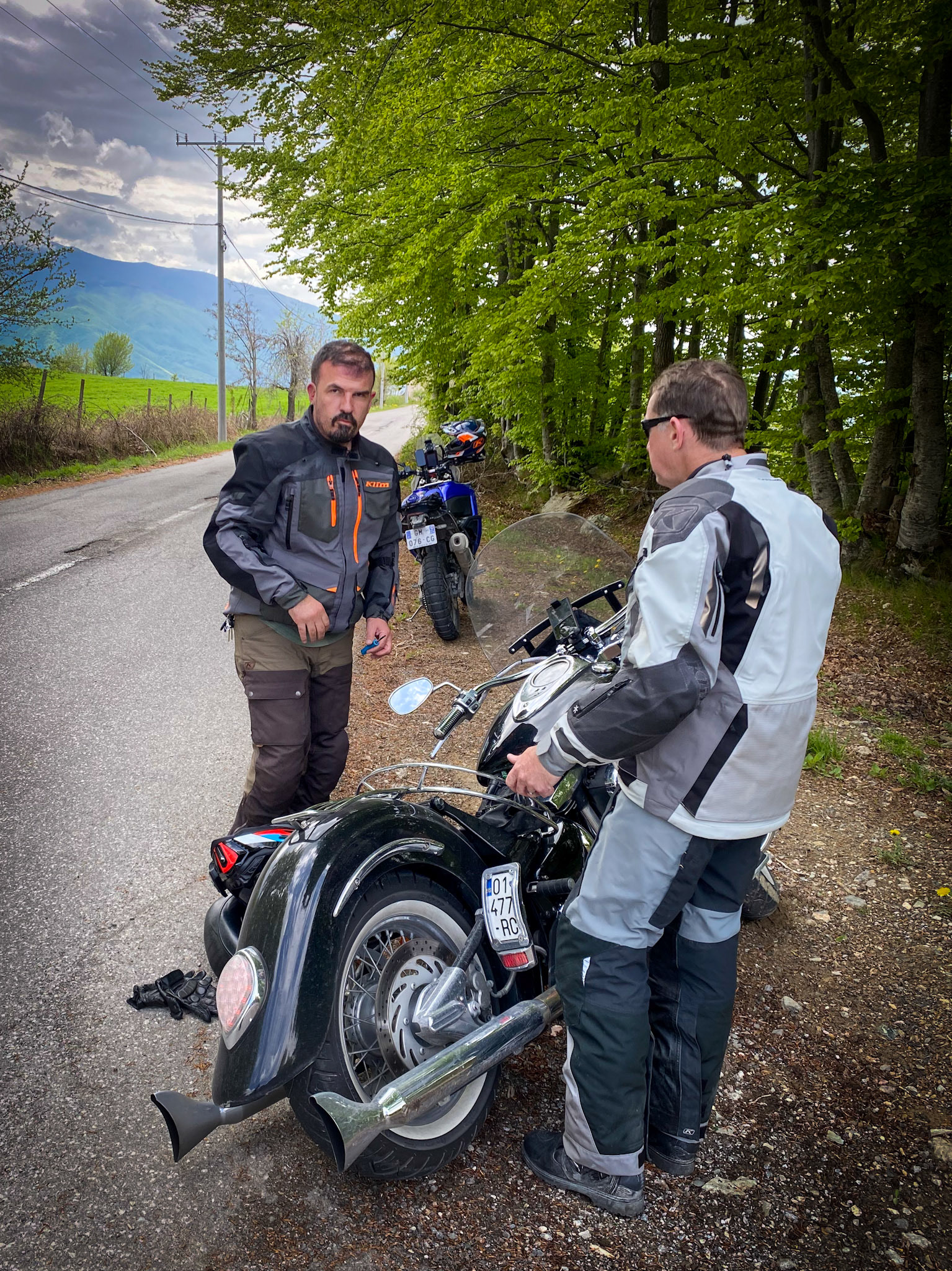 On our tour to the Kosovo mountains, Bujar's bike had a little electrical issue