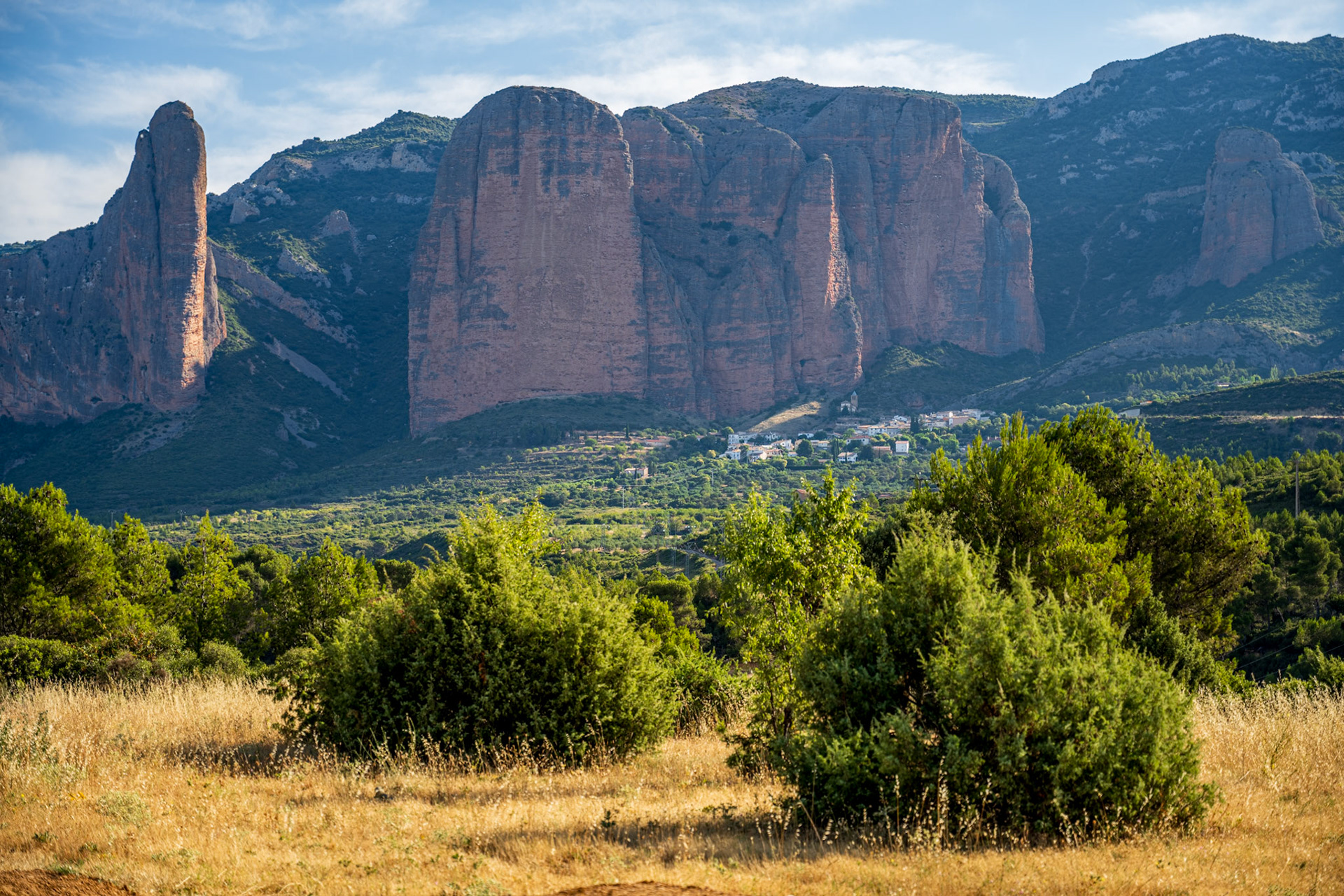 View on the town of Riglos by impressive cliffs