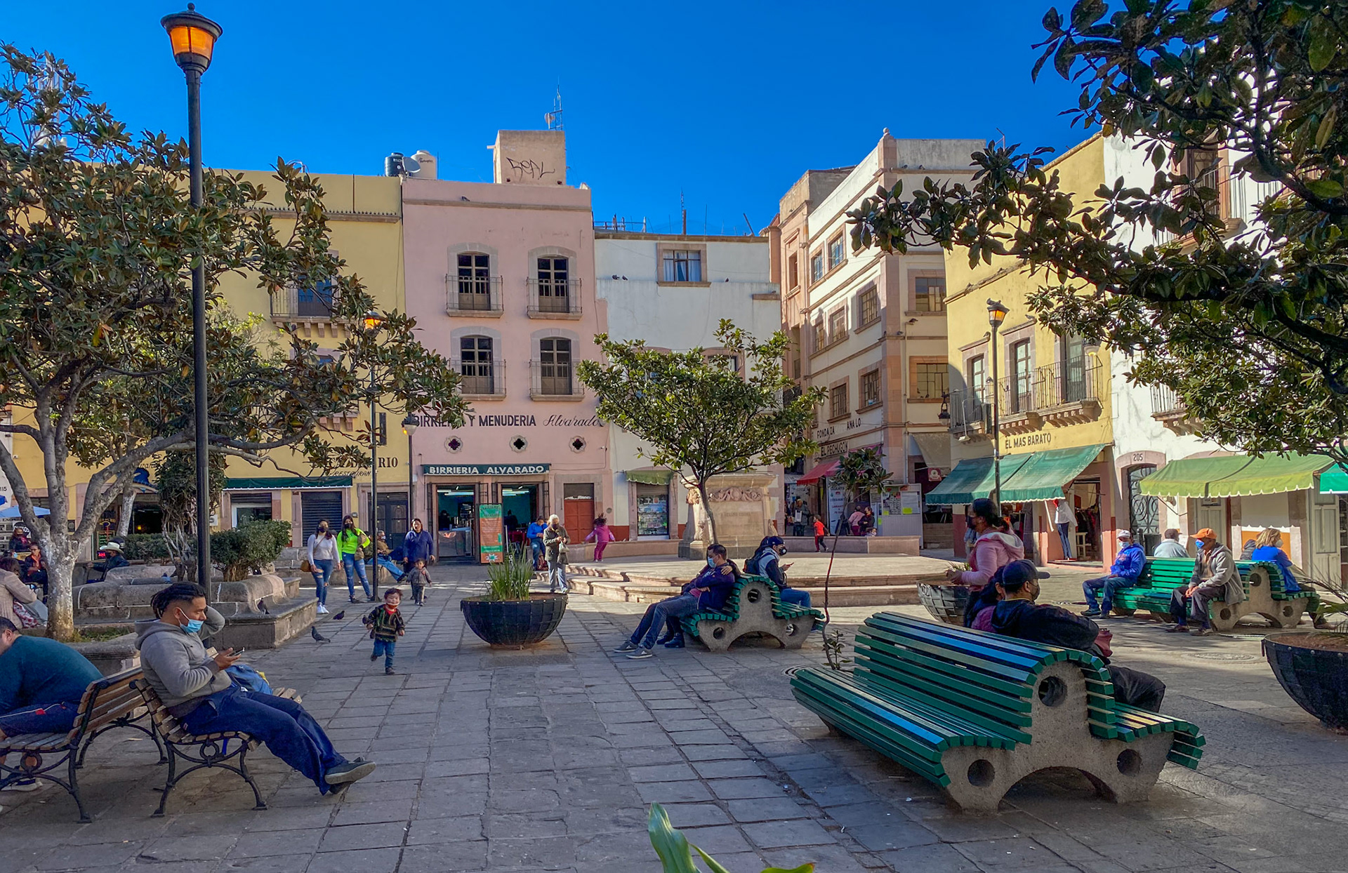 The Plaza Genaro Codina is peaceful and surrounded by very small streets, passages and a covered market