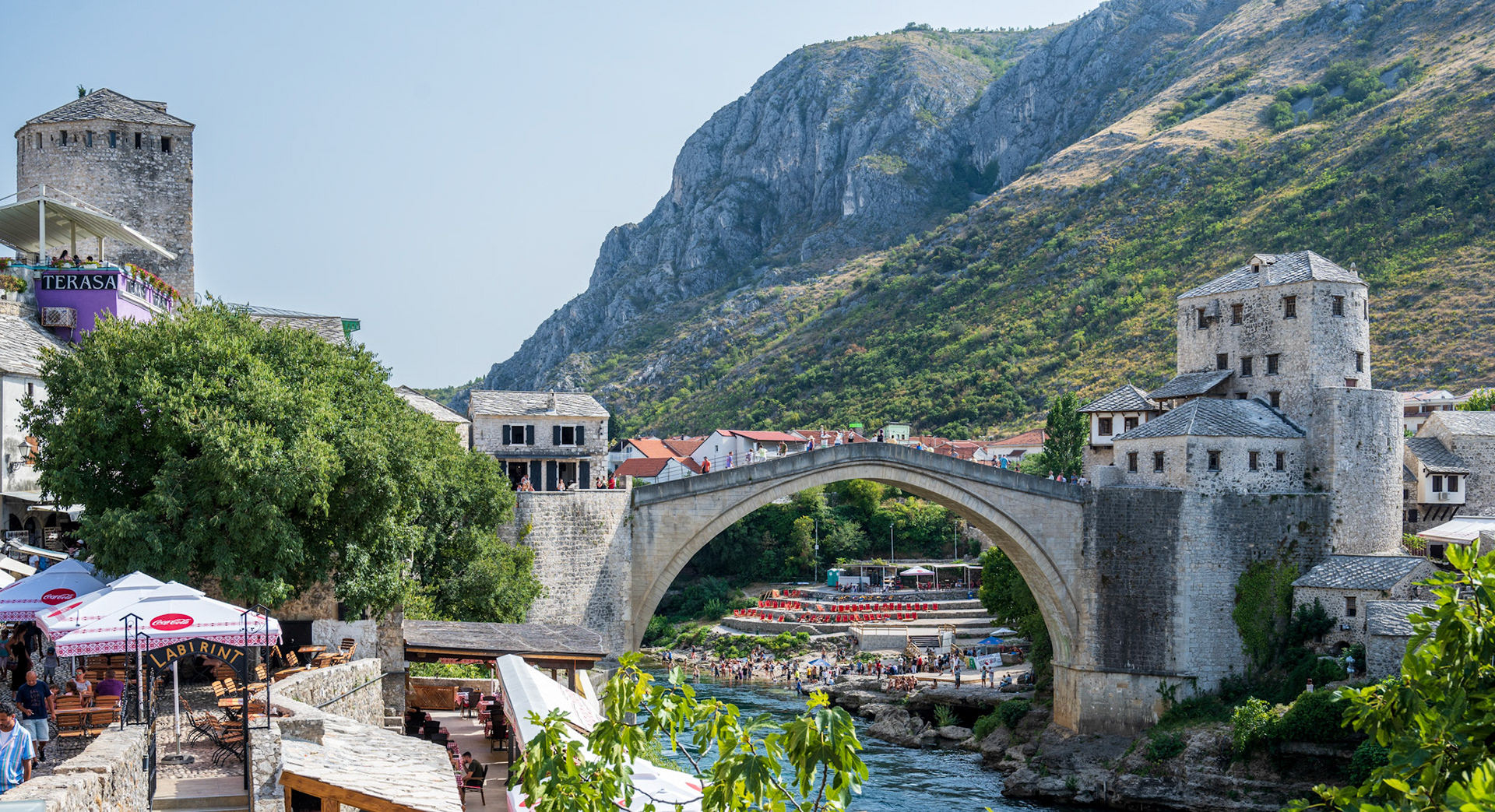 The arched Old Bridge that spans the Neretva at the town’s heart, has been meticulously reconstructed following destruction in the Croat–Bosniak conflict