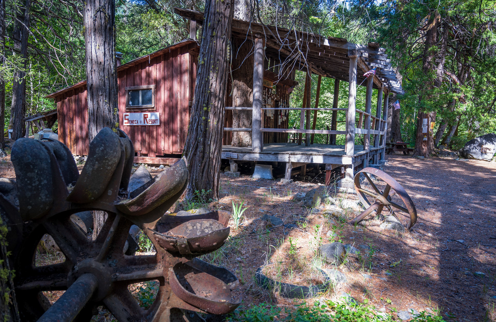 Seneca : Gold was found in 1851 and a wild mining town was born with a dance hall, feed store, livery, blacksmith, post office, grocery, rooming houses and a hotel with solar heated showers. The canyon's mine included the Sunnyside, Lucky Chance, White Lily, and Last Chance. A 10 stamp mill pounded out the ore. One mine had 500 Chinese miners; each earned 10 cents a day in rice and they had an opium den. The largest nugget found here was 42 ounces; worth $28,000 in 1942. The most famous spot was the gin mill run by Marie Sabin who moved here in 1934 with her husband Don. Marie was known as the guardian angel of Seneca.