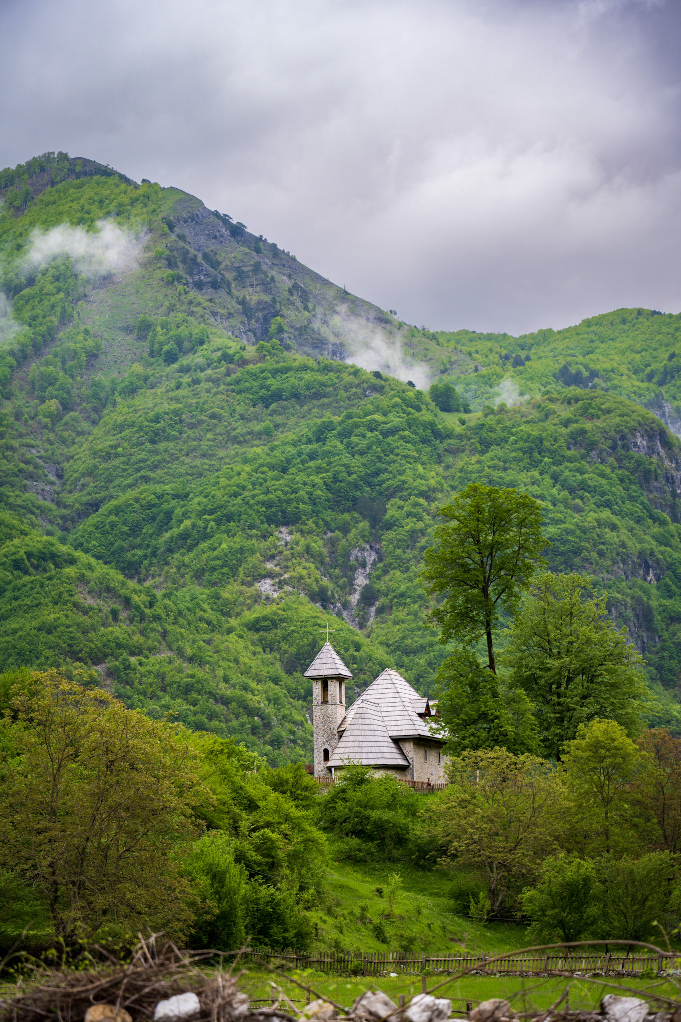 The little Theth church with a roof made of wooden tiles