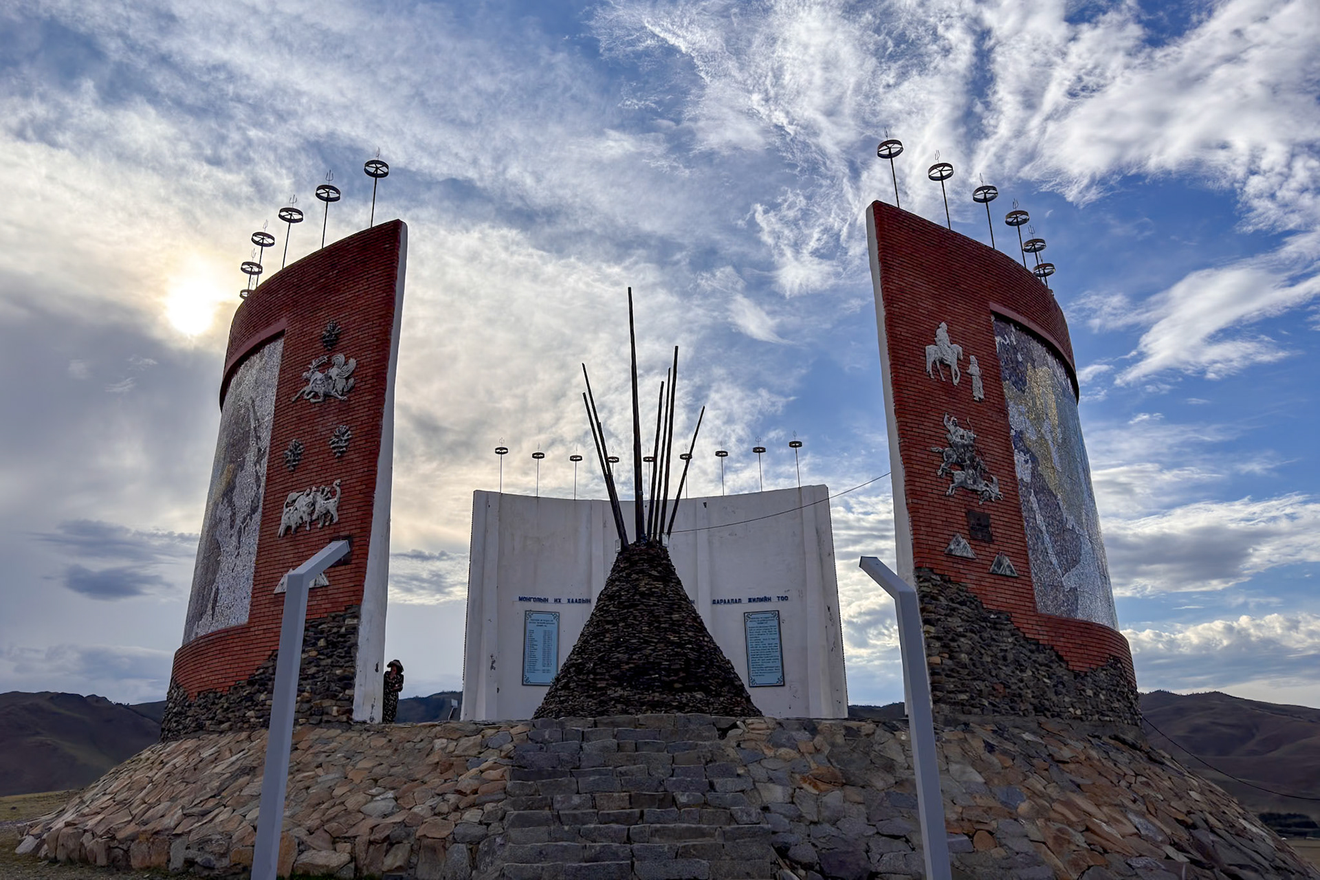 The King's Monument comprises three colourful mosaic panels that each represent the empires of the Hunnu, Turkic and Mongol periods