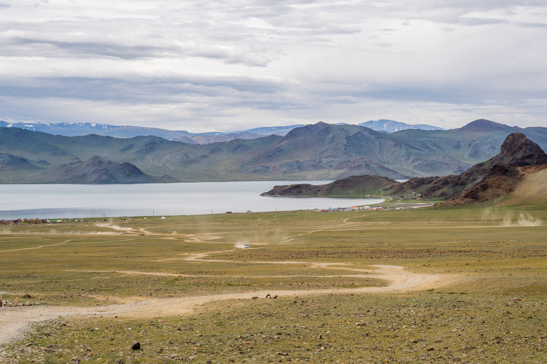 Lake Tolbo Nuur, with the only habitations/resort on its shores