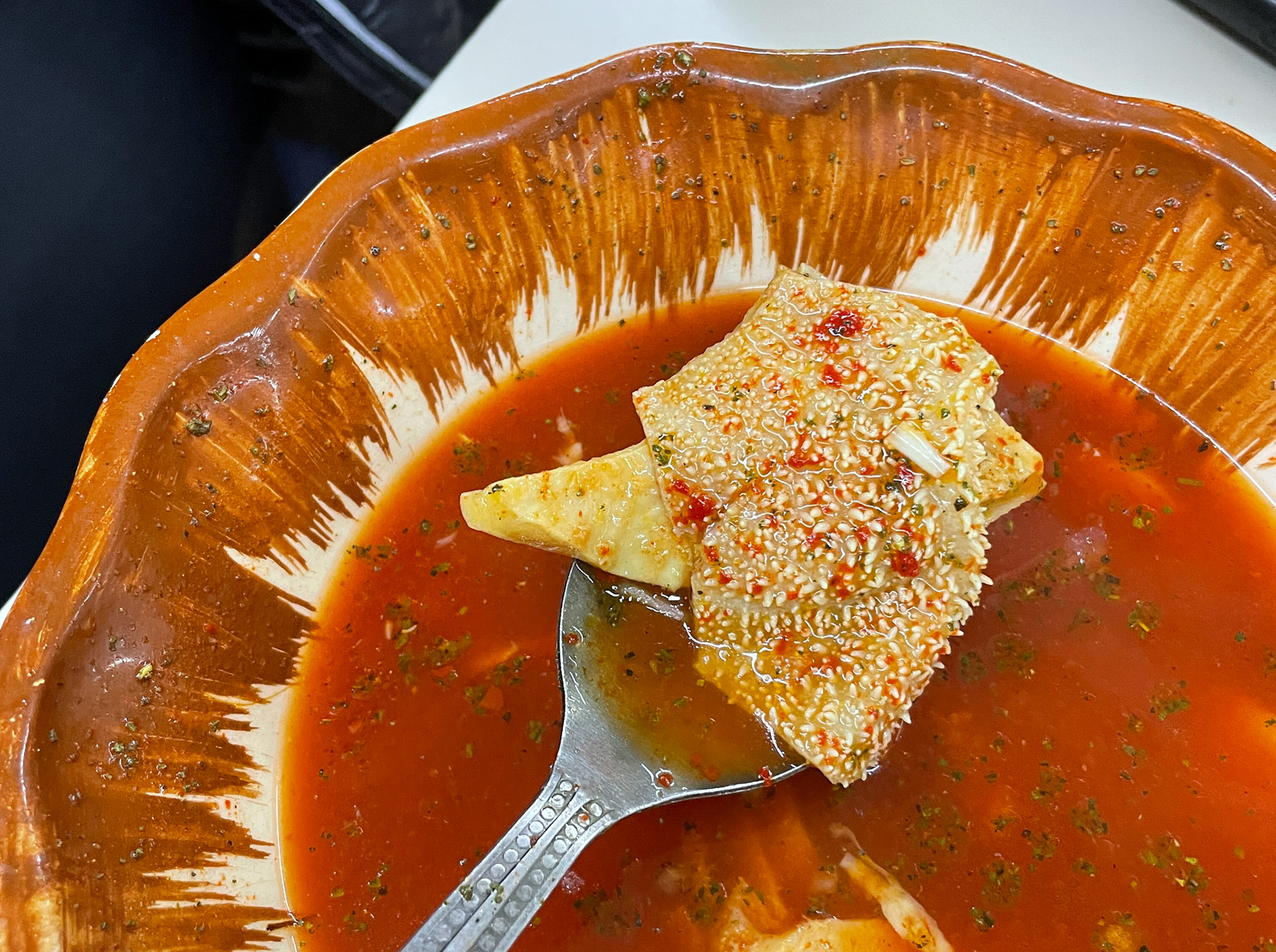 We left Zacatecas so early that we couldn't find a place opened until someone directs us to the Menudo. It’s a restaurant where, as we discovered, they serve only one meal: Menudo (or Pancita del Res) a traditional Mexican soup, made with cow's stomach (tripe) in broth with a red chili pepper base.