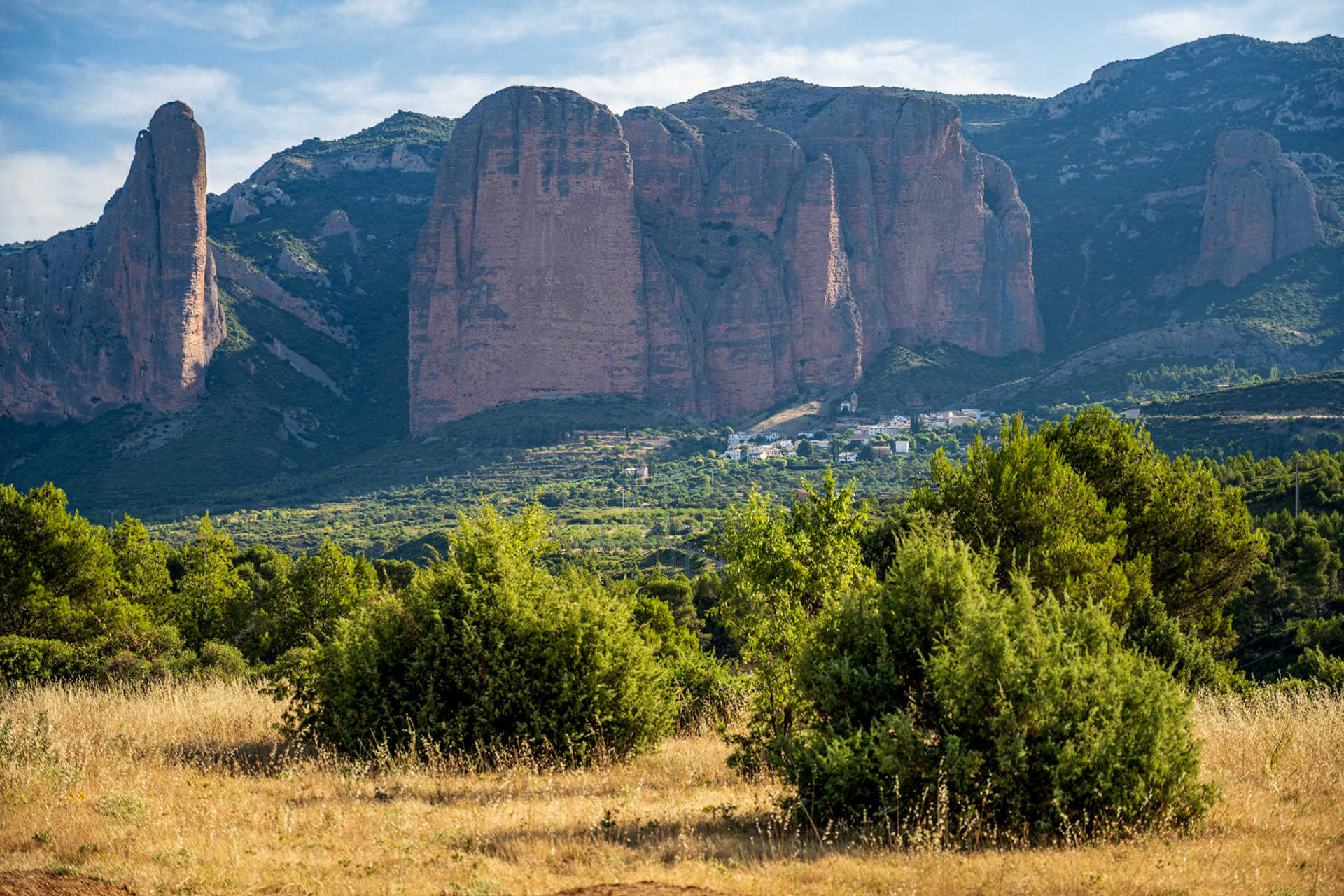View on the town of Riglos by impressive cliffs