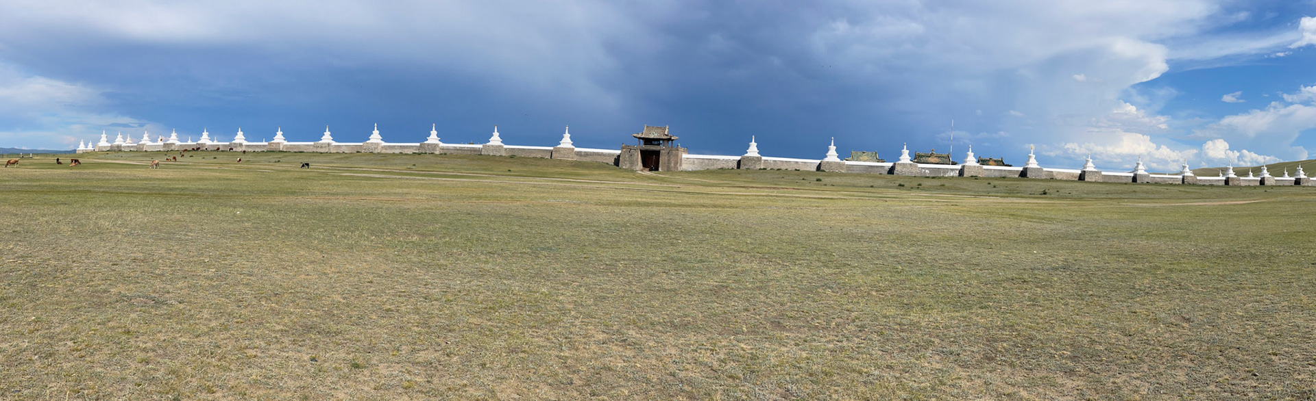 The walls of the Erdene Zuu Monastery in Mongolia form a nearly square enclosure. The perimeter of the monastery's wall is approximately 420 meters on each side, giving a total length of around 1,680 meters.