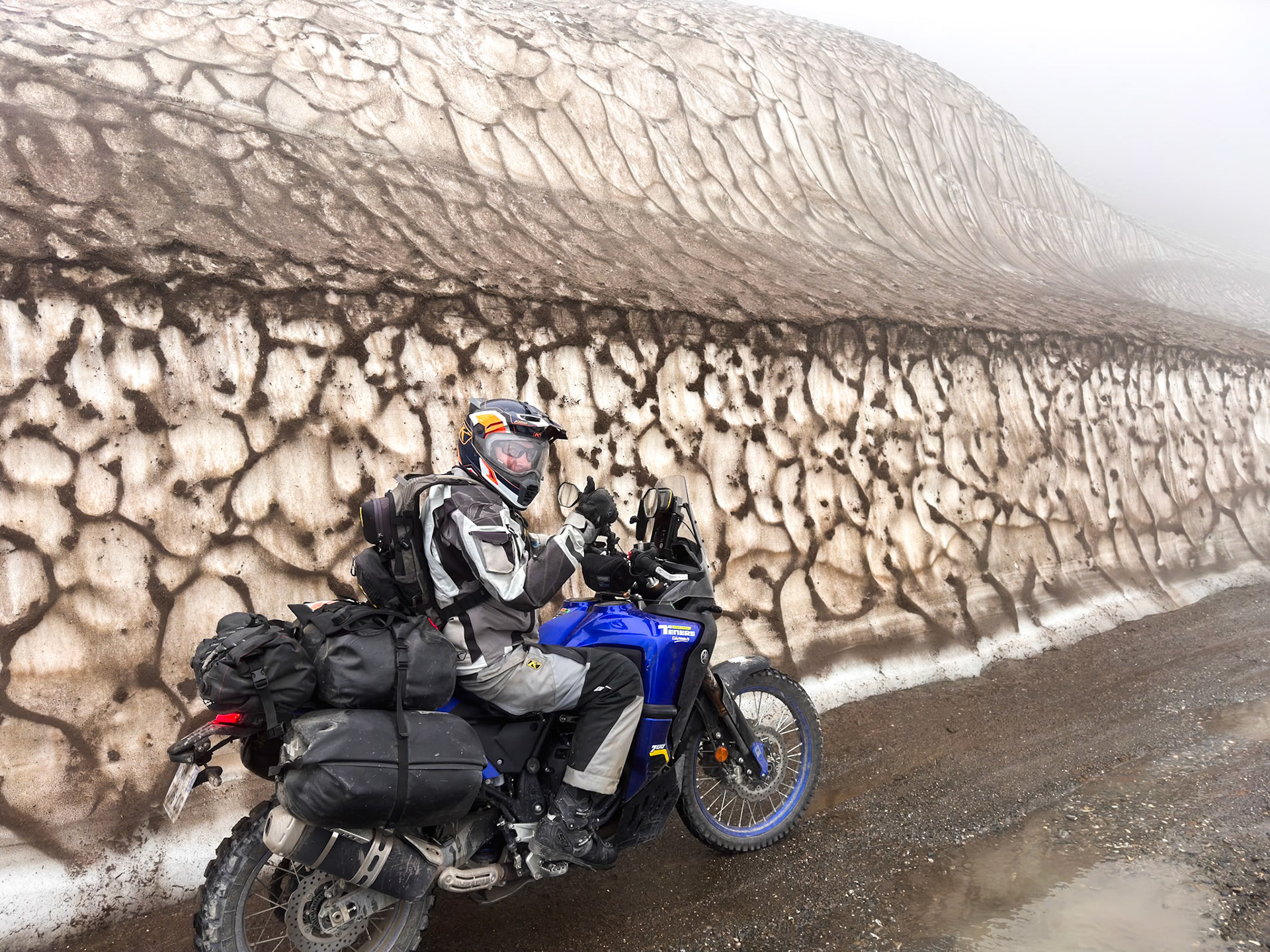 At the summit, there is still a wall of snow