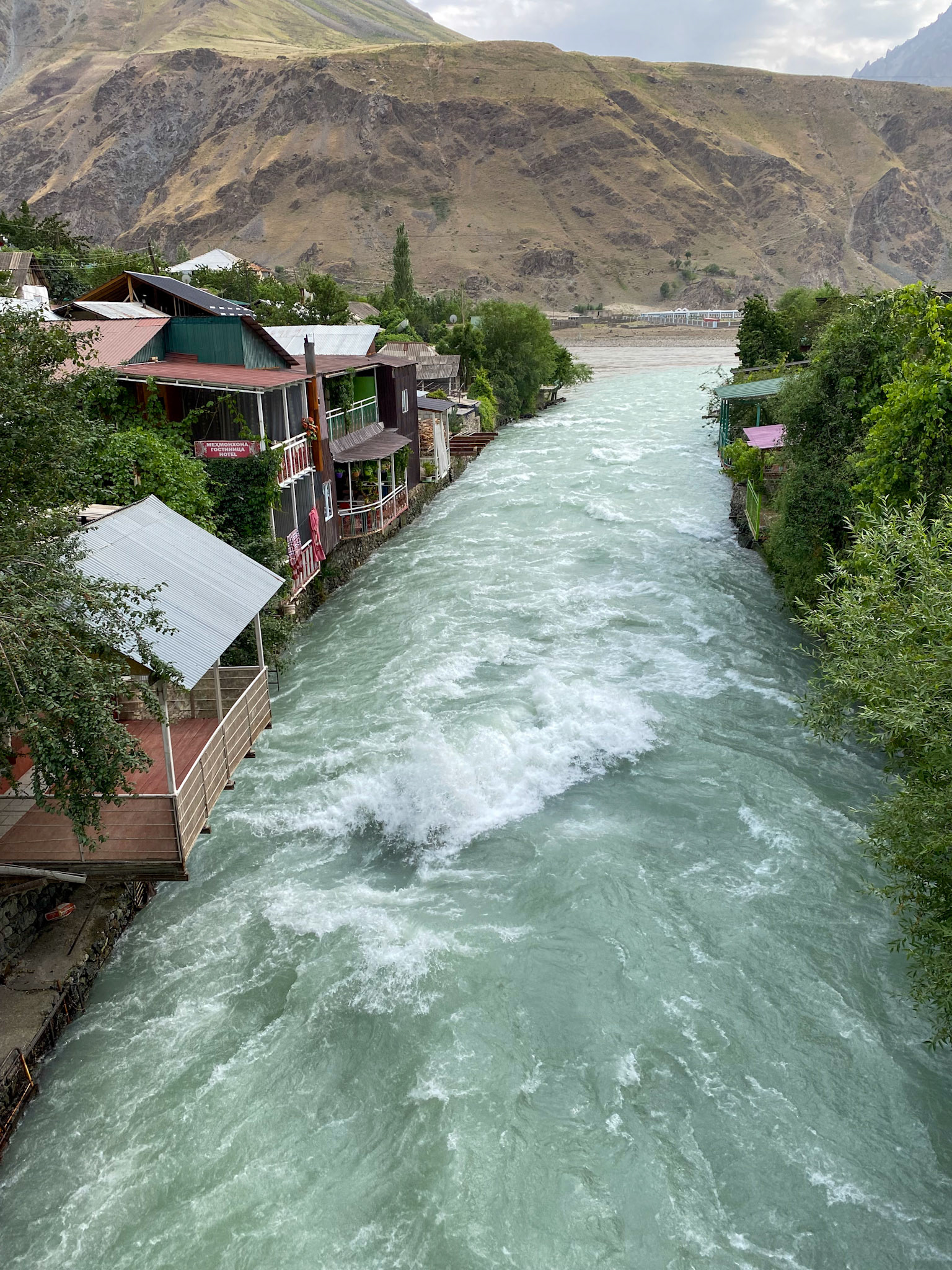 Our hotel is on the left, middle. In the background Afghanistan and the mighty Panj River