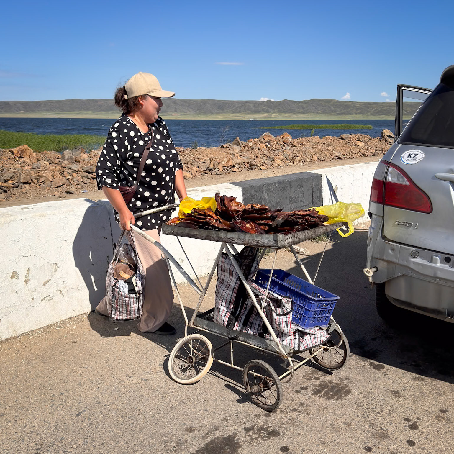 A woman selling smoked fish on the line for the ferry. Her cart wheels have seen better days!