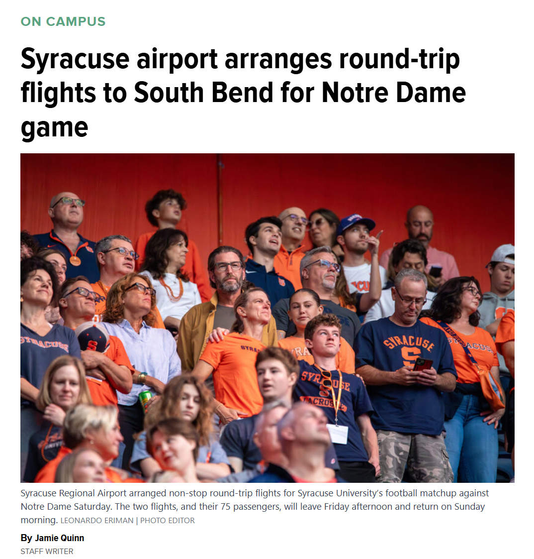 News feature: https://dailyorange.com/2025/11/airport-arranges-round-trip-flights-south-bend-notre-dame-game/