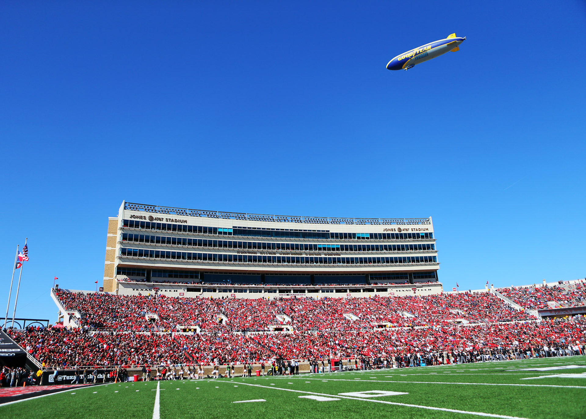 LUBBOCK, TX - October 21: The Goodyear Blimp flys over the stadium during the Texas Tech Raider's 31-13 loss to the Iowa State Cyclones on October 21, 2017 at Jones AT&amp;T Stadium in Lubbock, TX. (Photo by Sam Grenadier/Icon Sportswire)